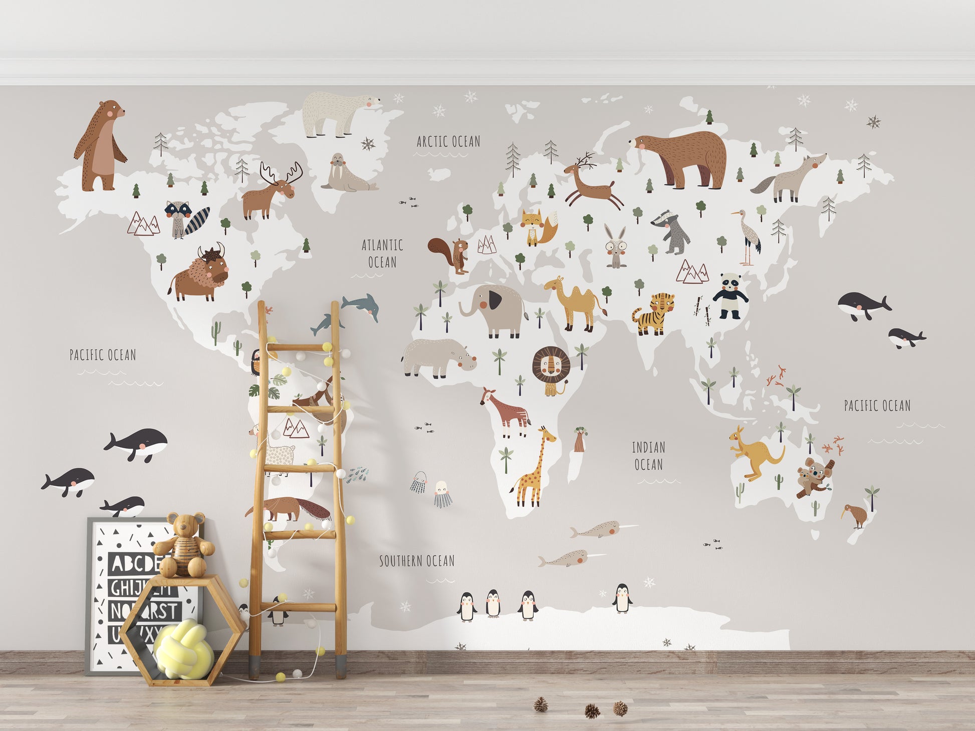 Playful world map mural for kids' decor
