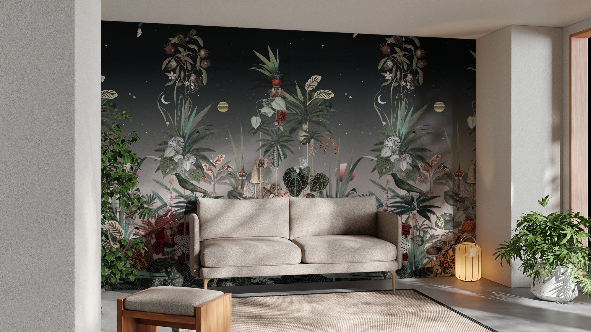 Moody botanical wall art enhancing the ambiance of a large living room