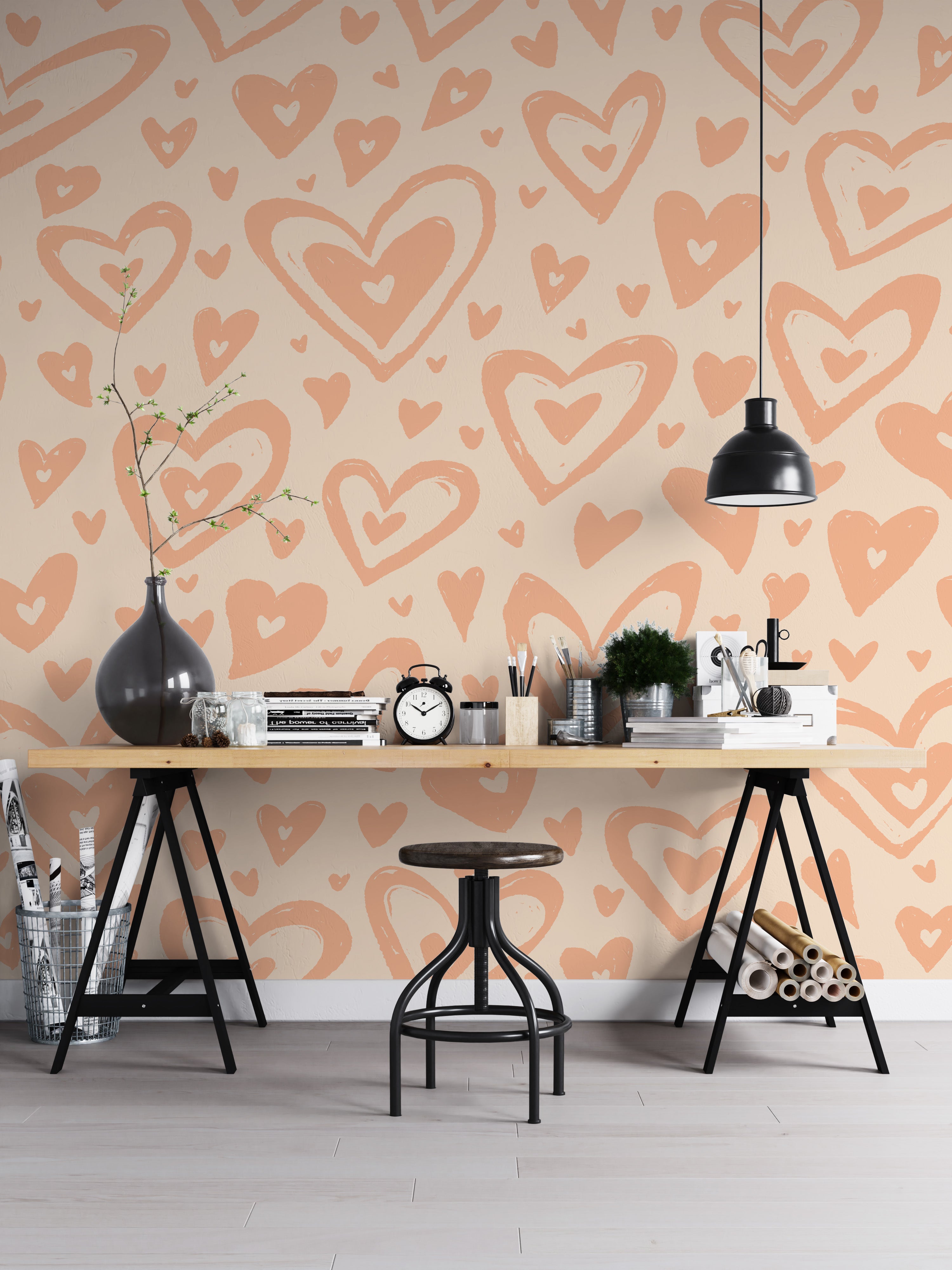 Peach fuzz heart design wallpaper mural for cozy walls.
