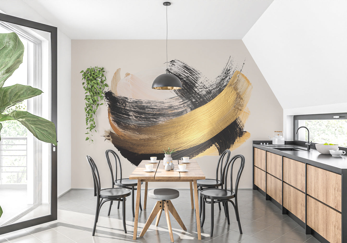 Gold and Noir Brushstroke Elegance Wall Mural