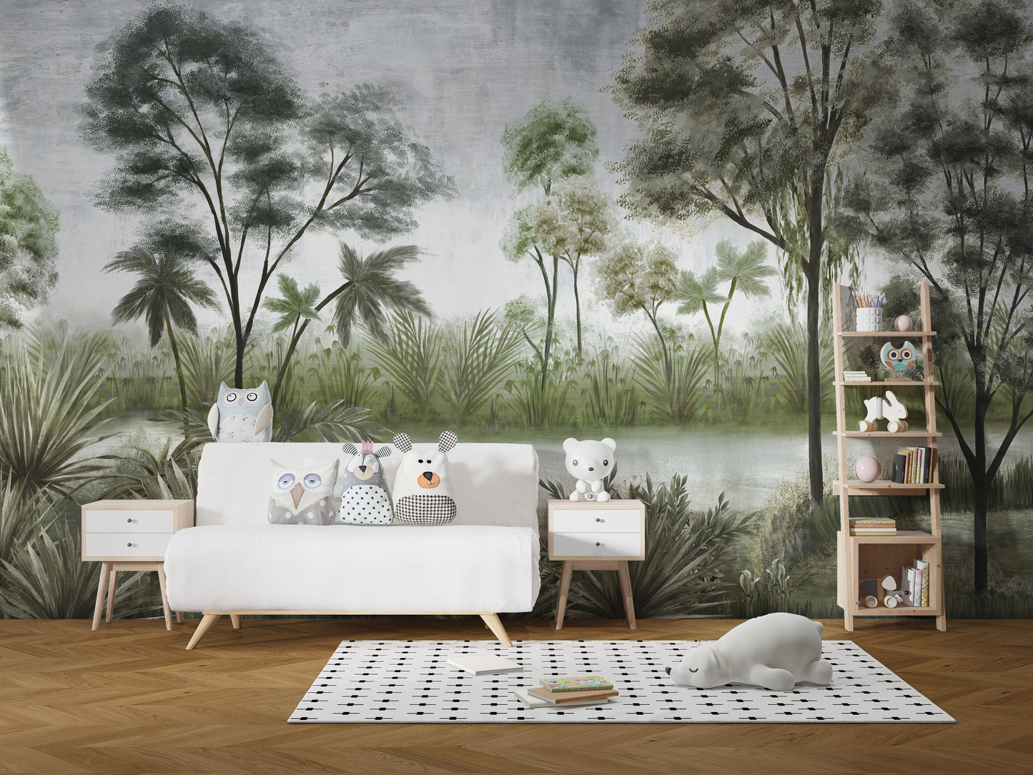 Artistic hazy forest wall mural elegance
