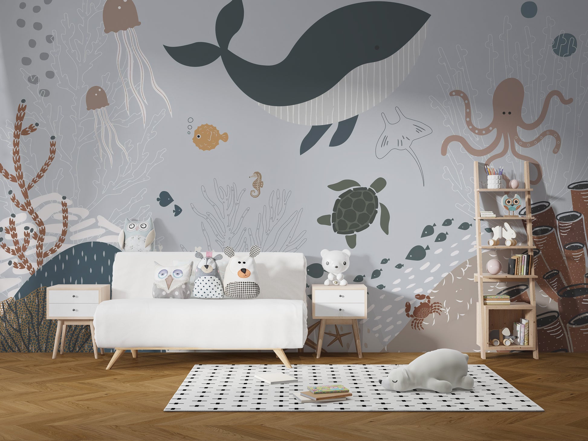 Playful whales in ocean wallpaper mural
