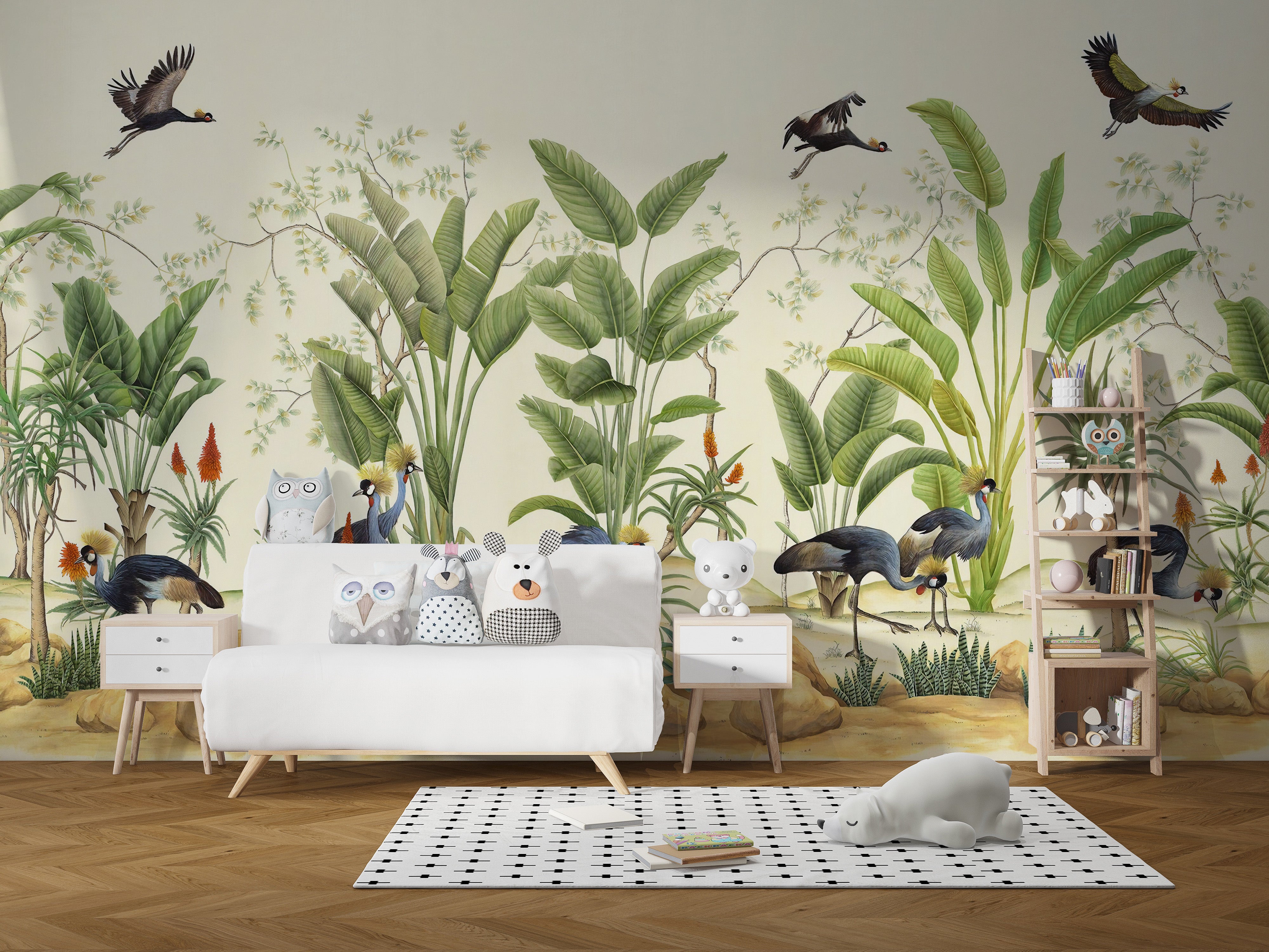 Crane-themed tropical mural in grey tones
