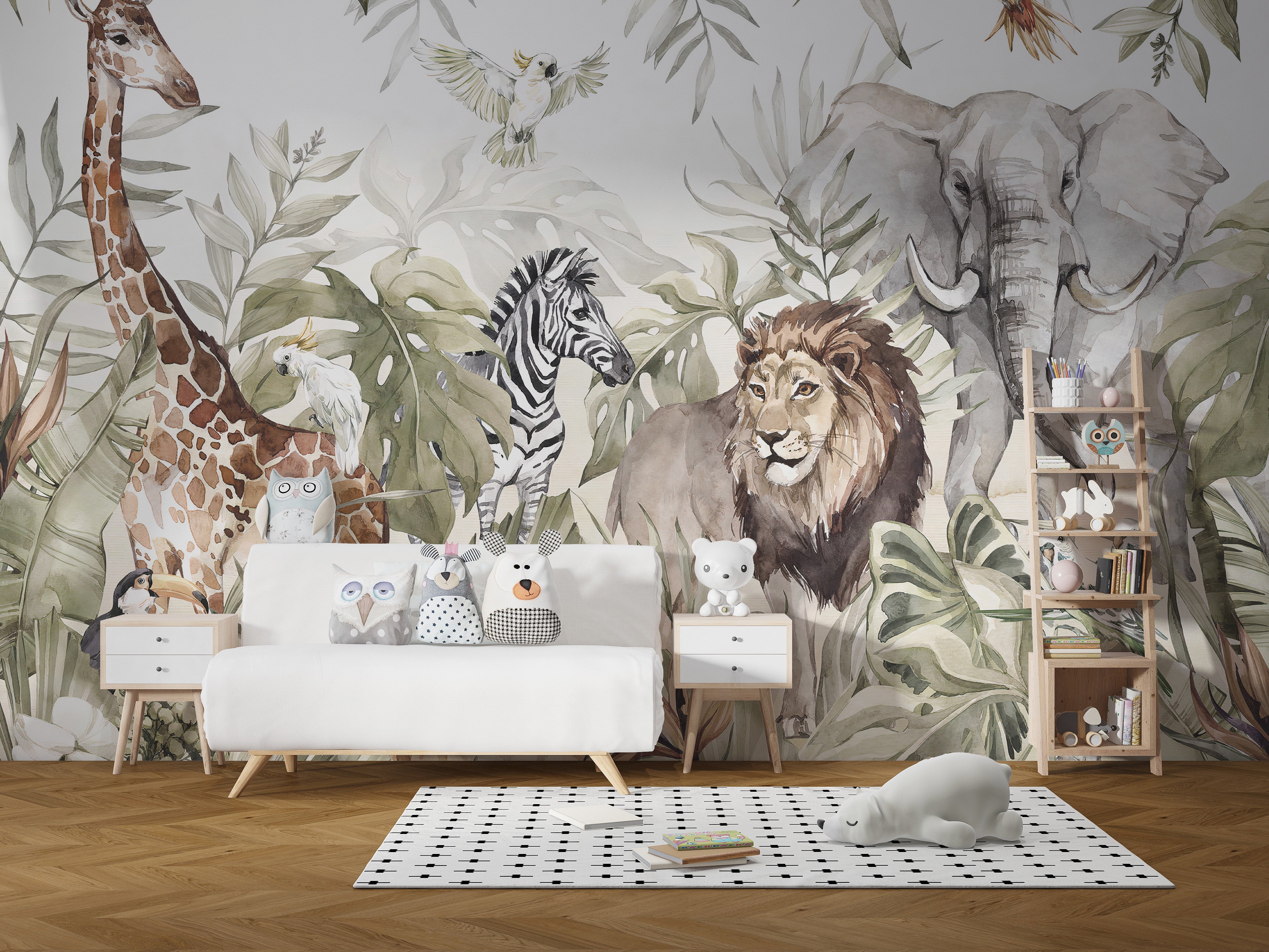 Peel-and-Stick Animal Kingdom Forest Wallpaper for Playroom
