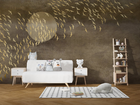 Golden Birds Flying Wallpaper Mural
