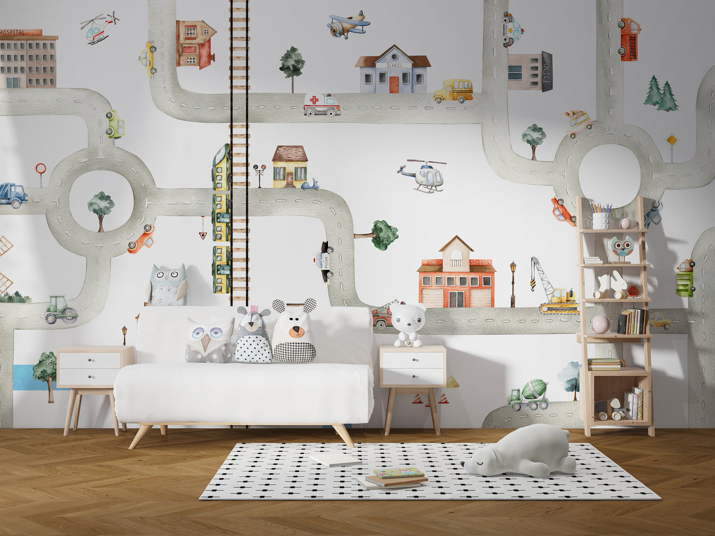 Kids room wallpaper with colorful vehicles and city design