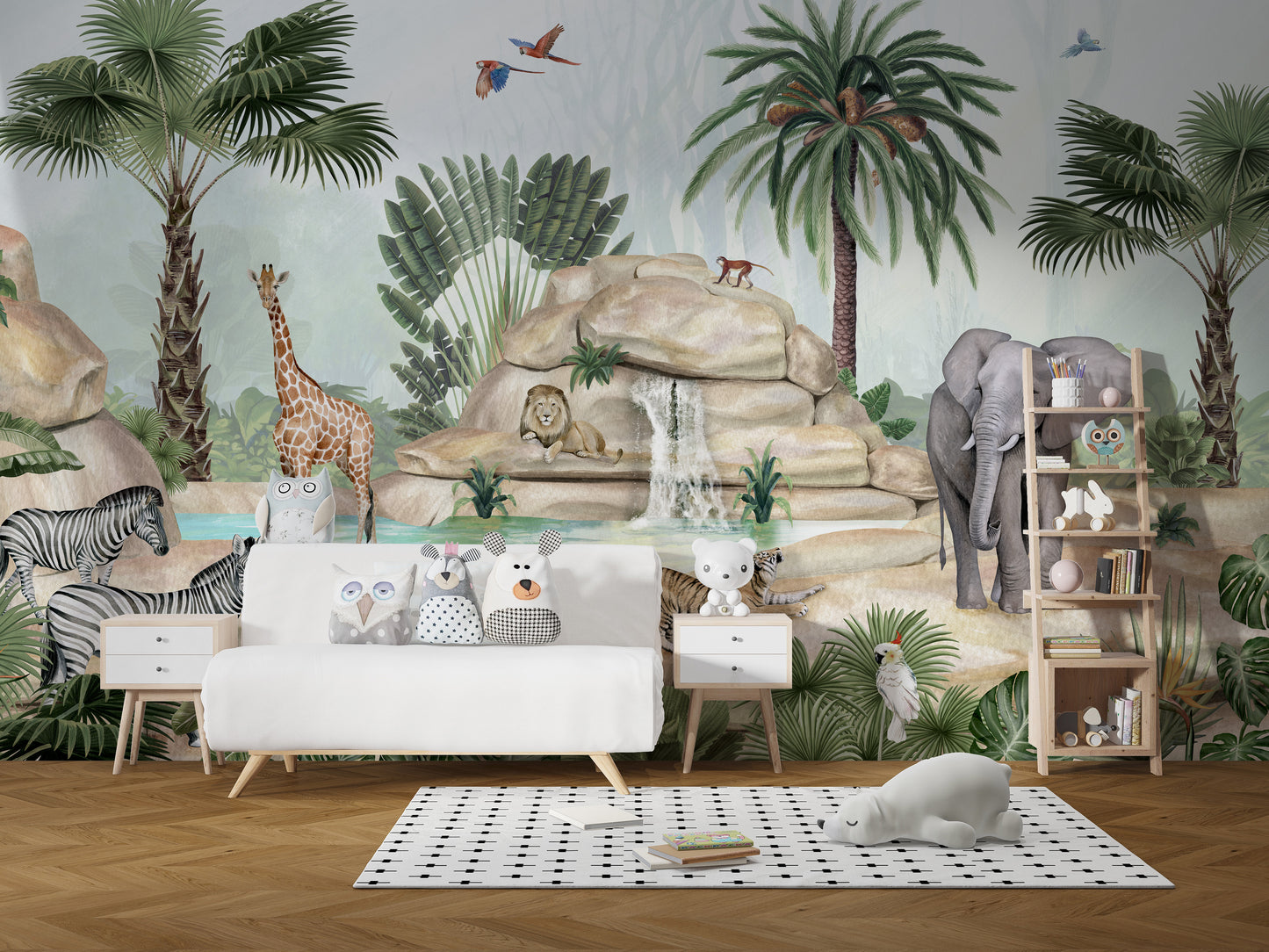 Watercolor jungle wallpaper with animals and tropical plants.