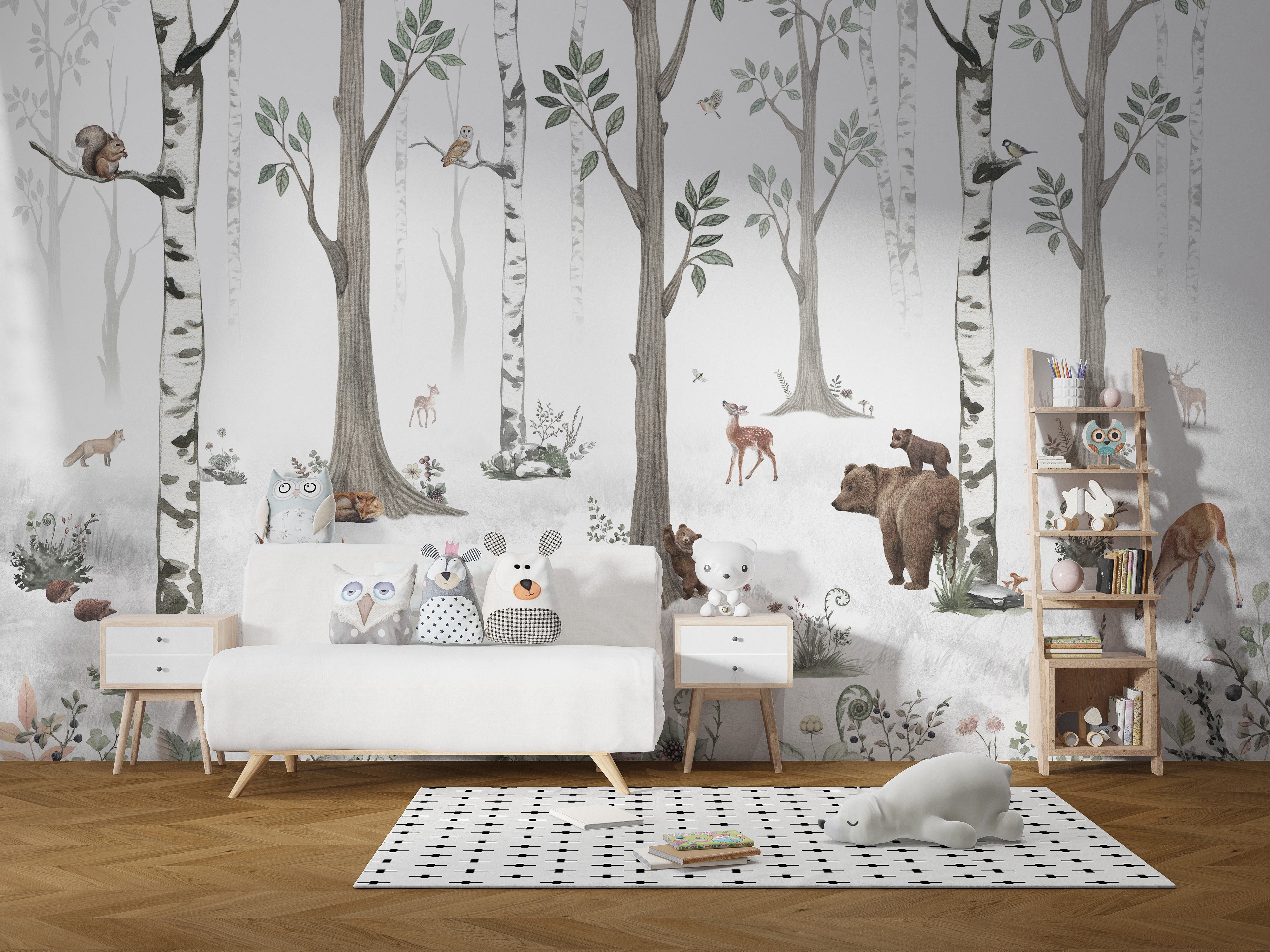 White Forest wallpaper featuring birch trees and animals