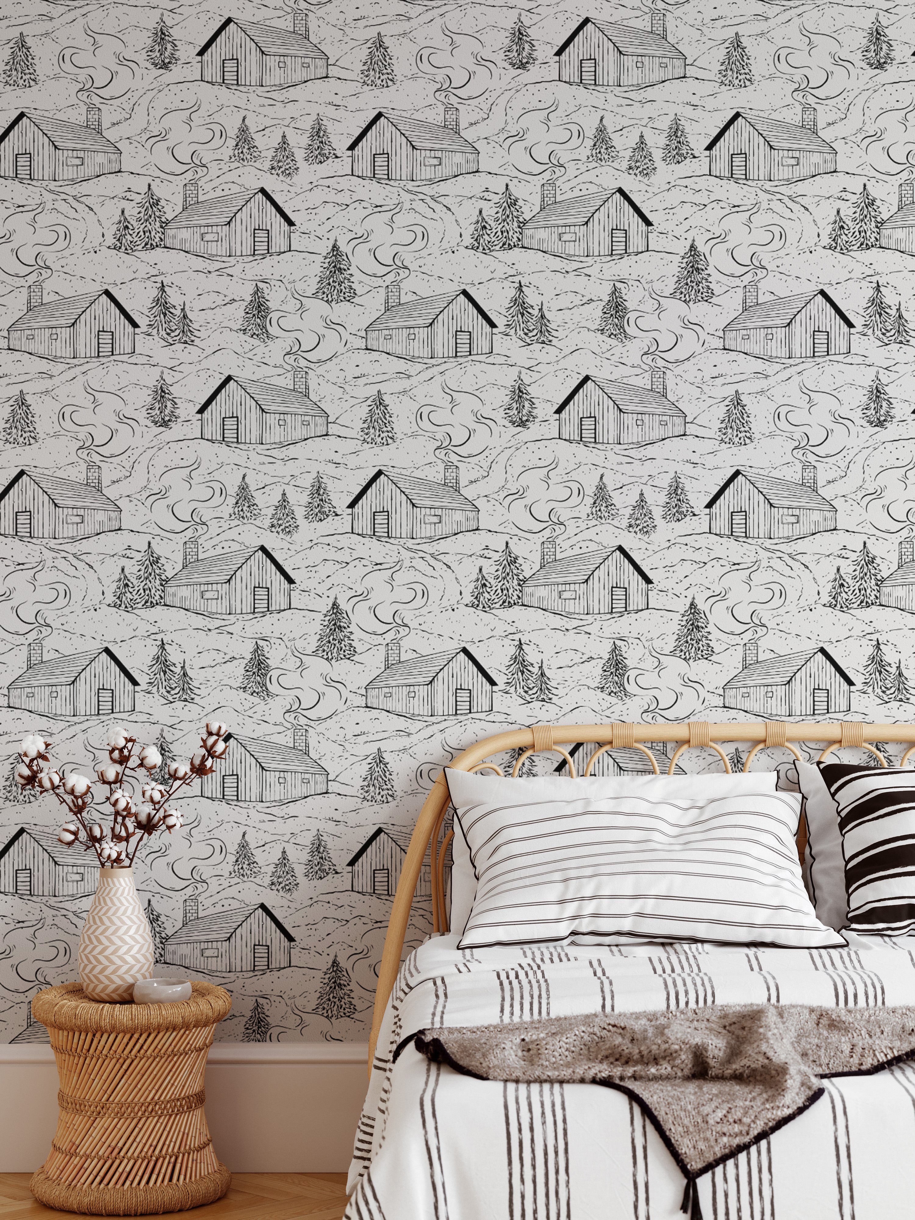 Minimalist smokey cabin wallpaper in black and white for elegant styling.
