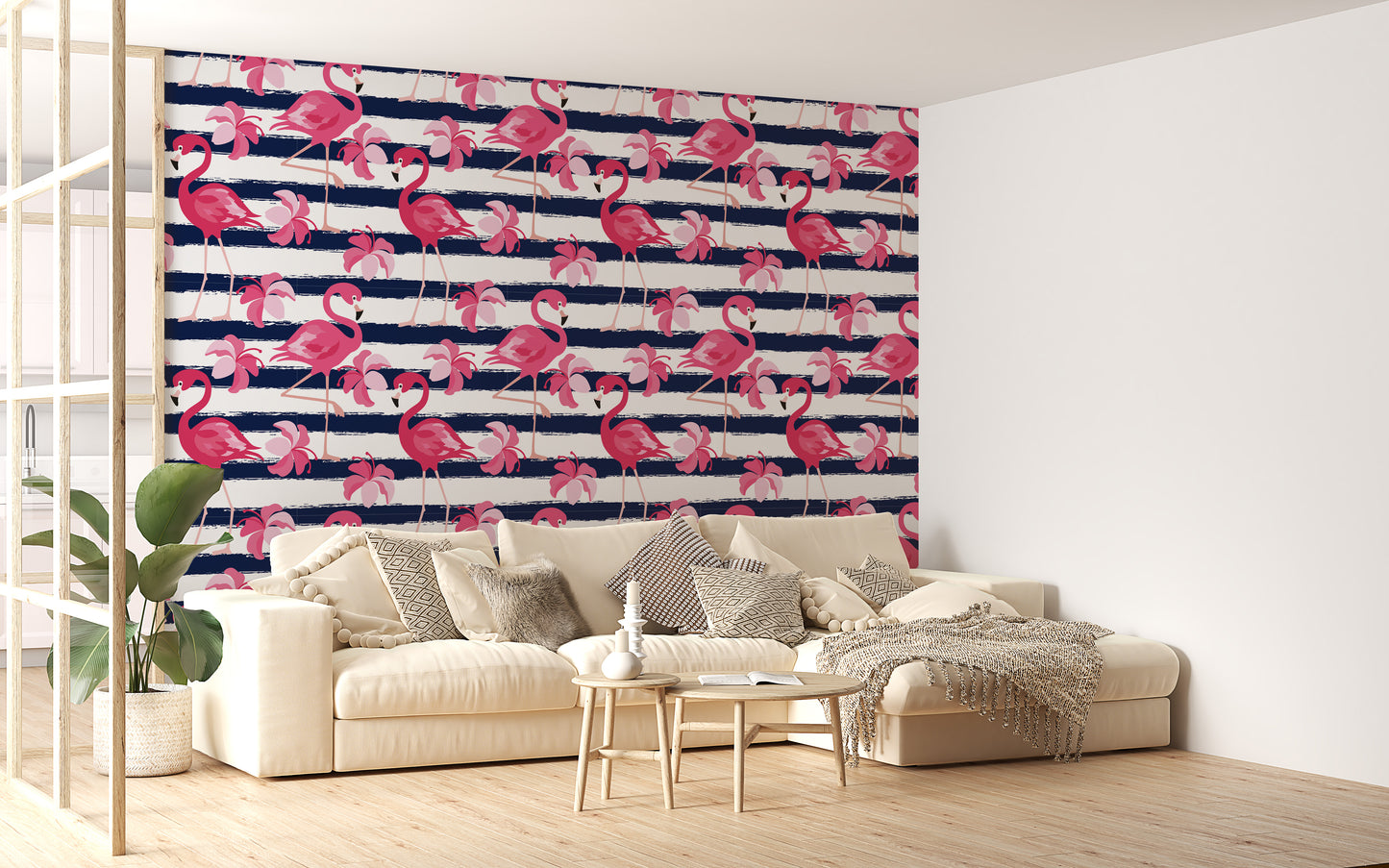 Blue Stripes & Pink Flamingo Wallpaper