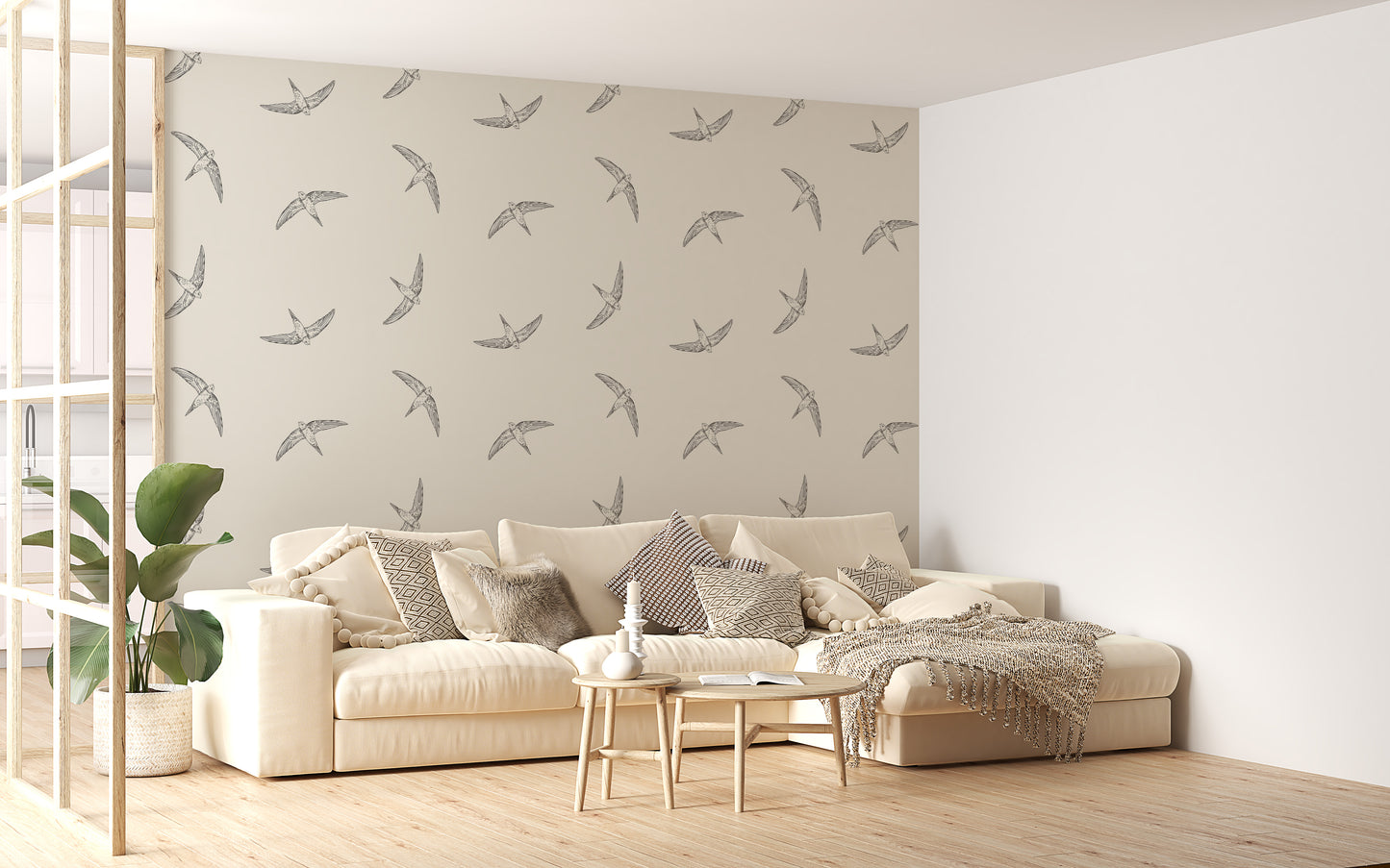 Flying swallows on beige background wallpaper