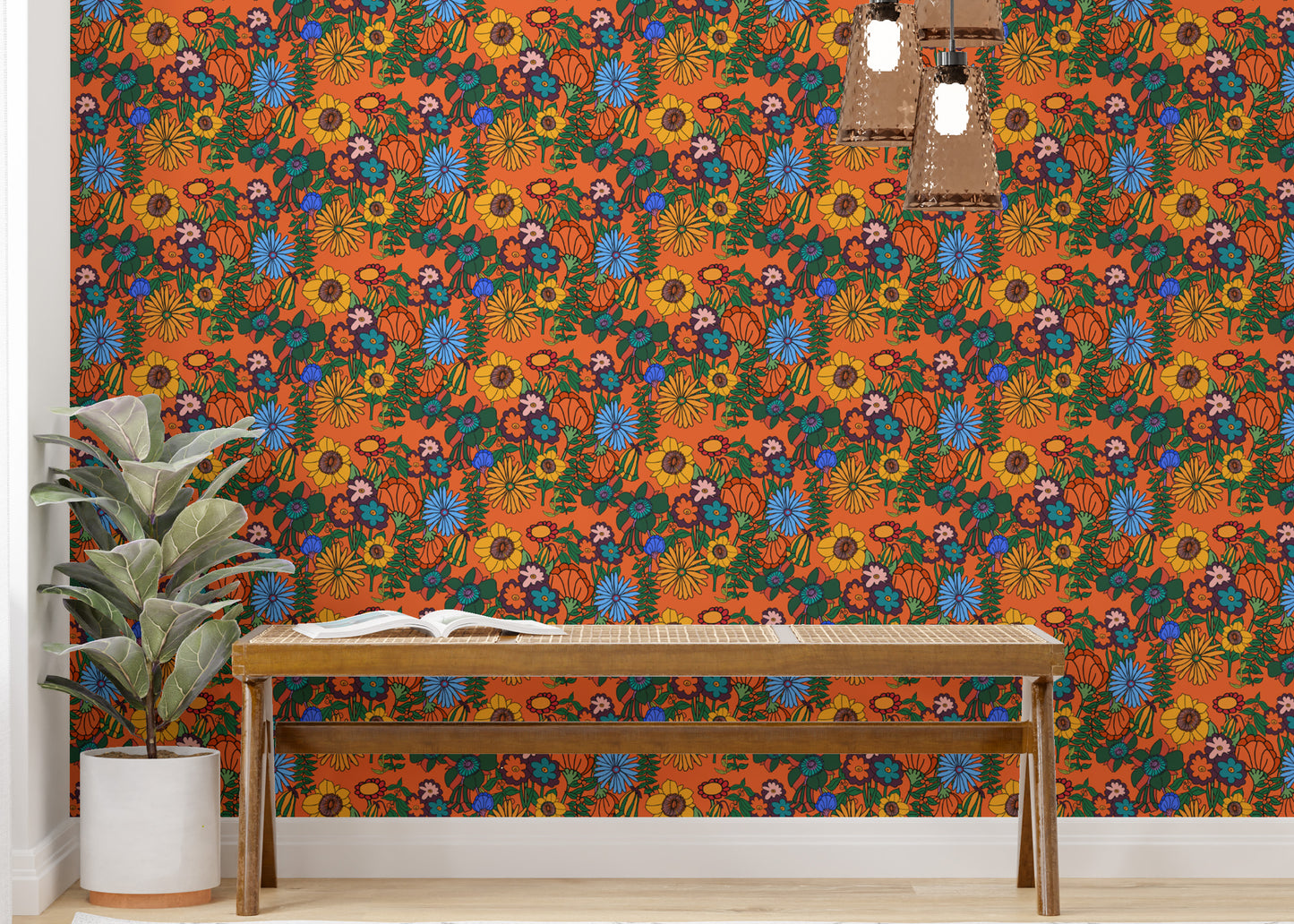 Retro 60s Floral Orange Wallpaper for a chic interior