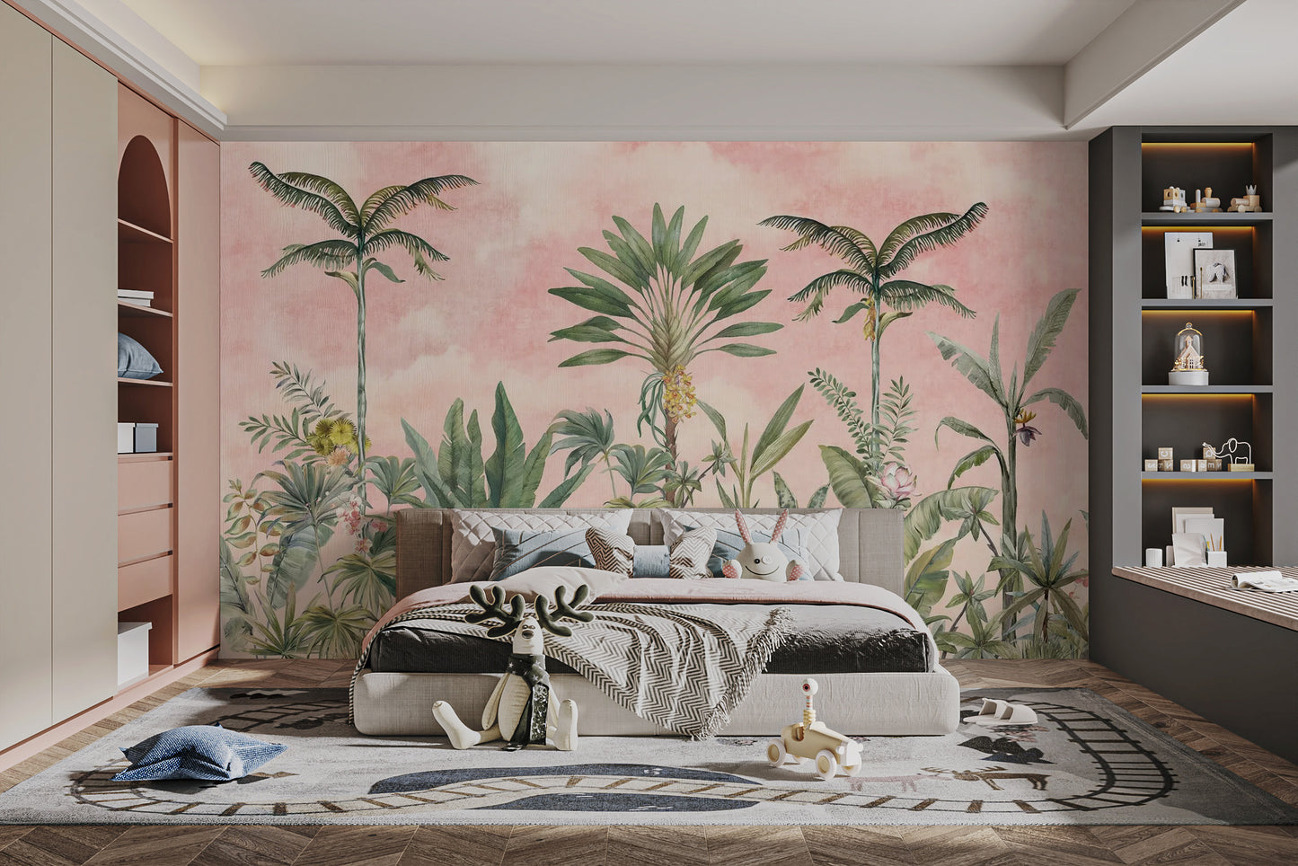 Elegant pink tropical Chinoiserie mural
