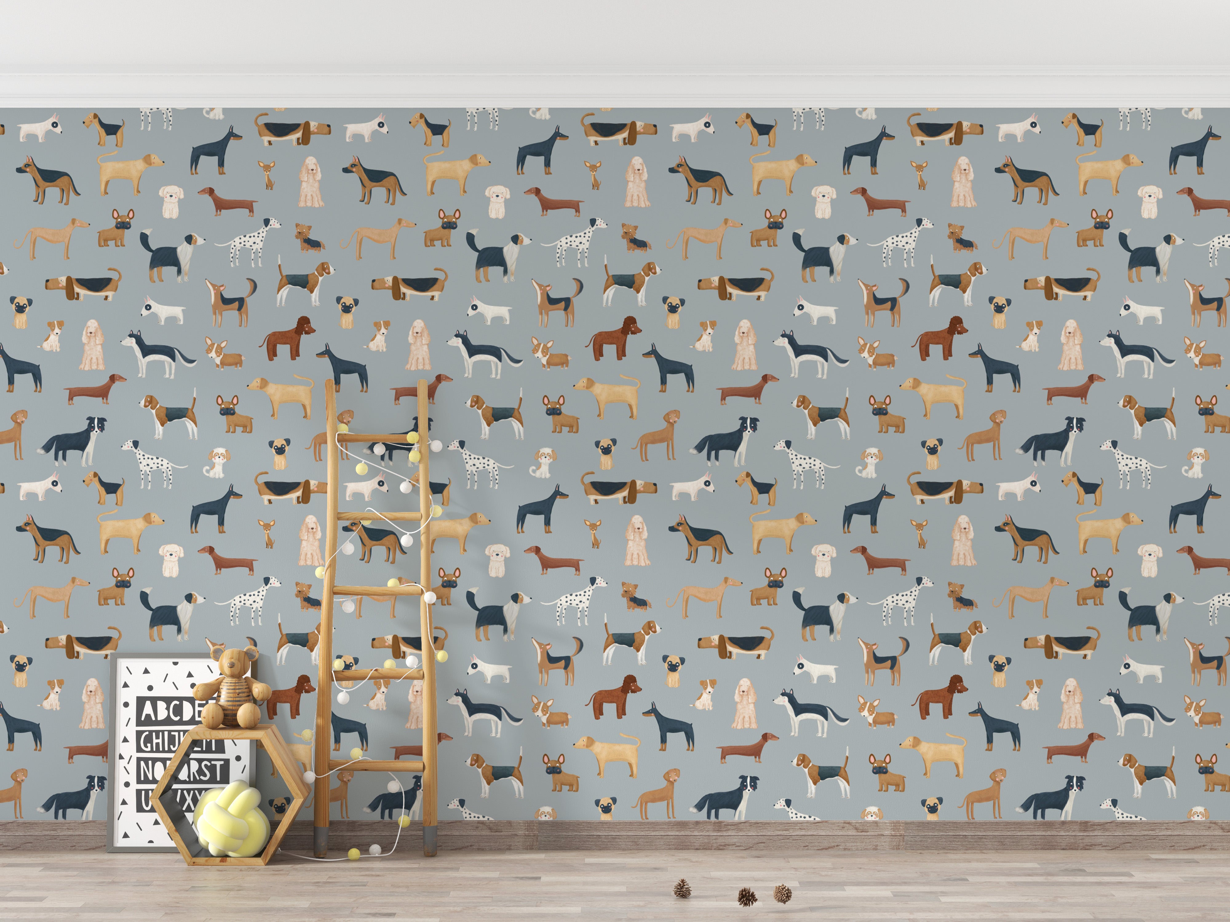 Canine-themed blue wallpaper for playrooms
