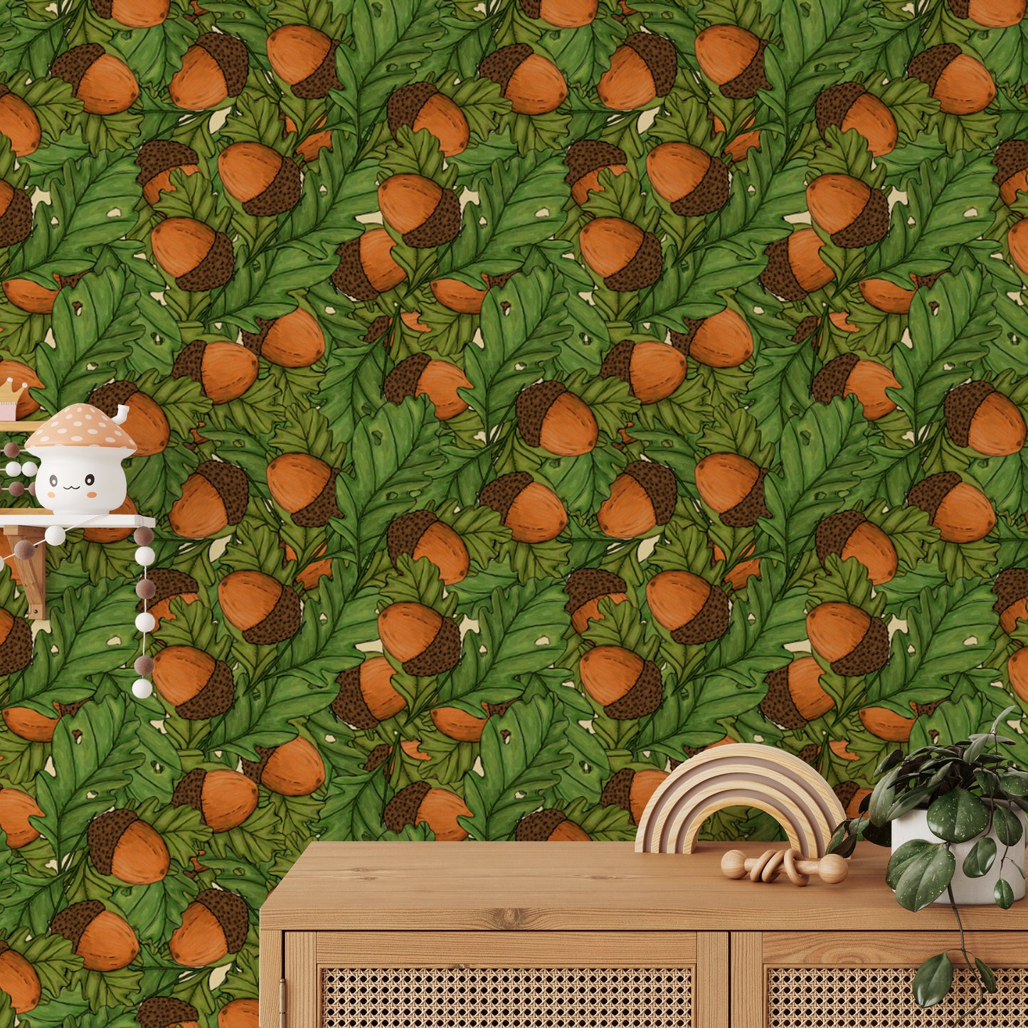 Charming acorn pattern wallpaper for cozy and rustic interiors.