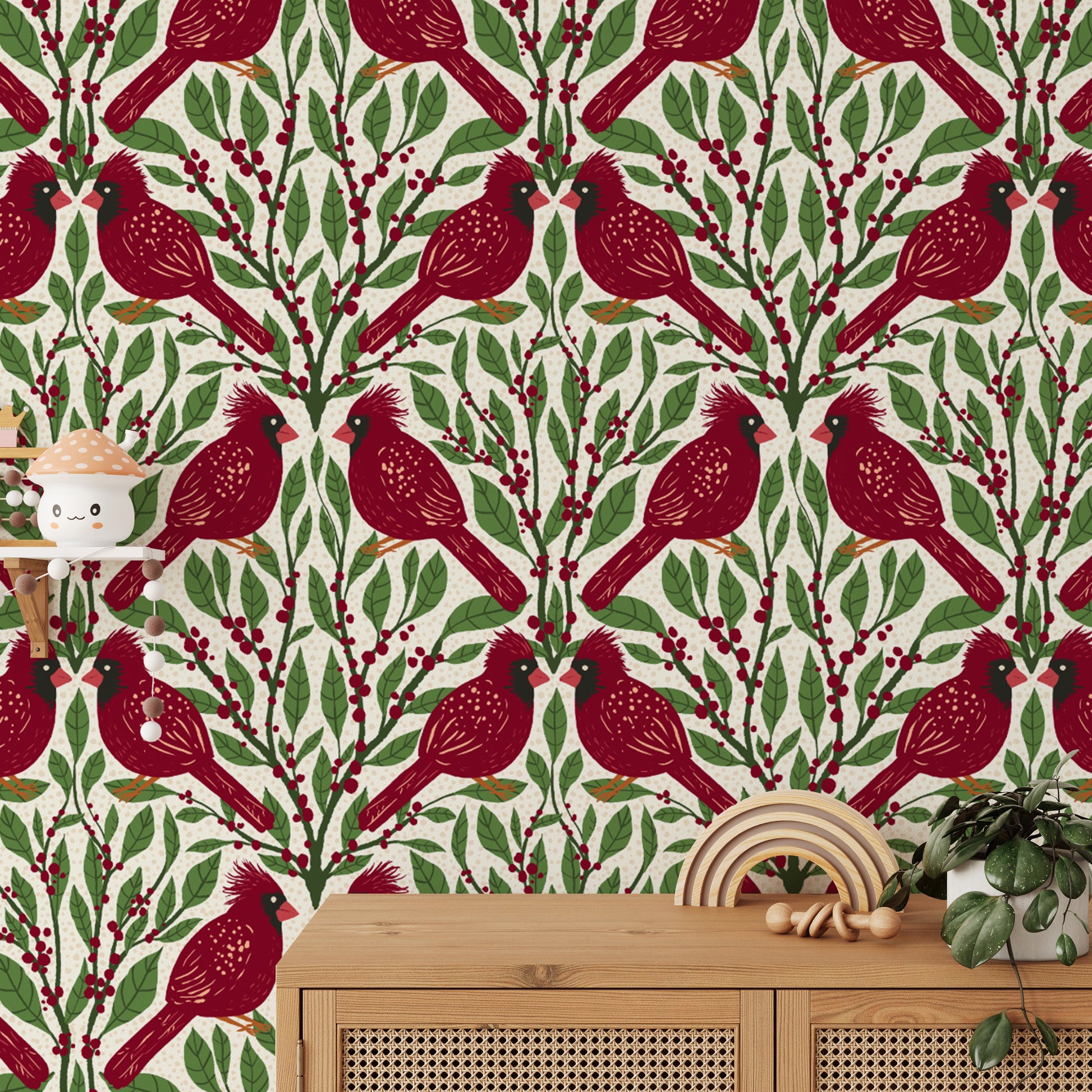 Charming cardinals wallpaper mural for a warm and inviting look.
