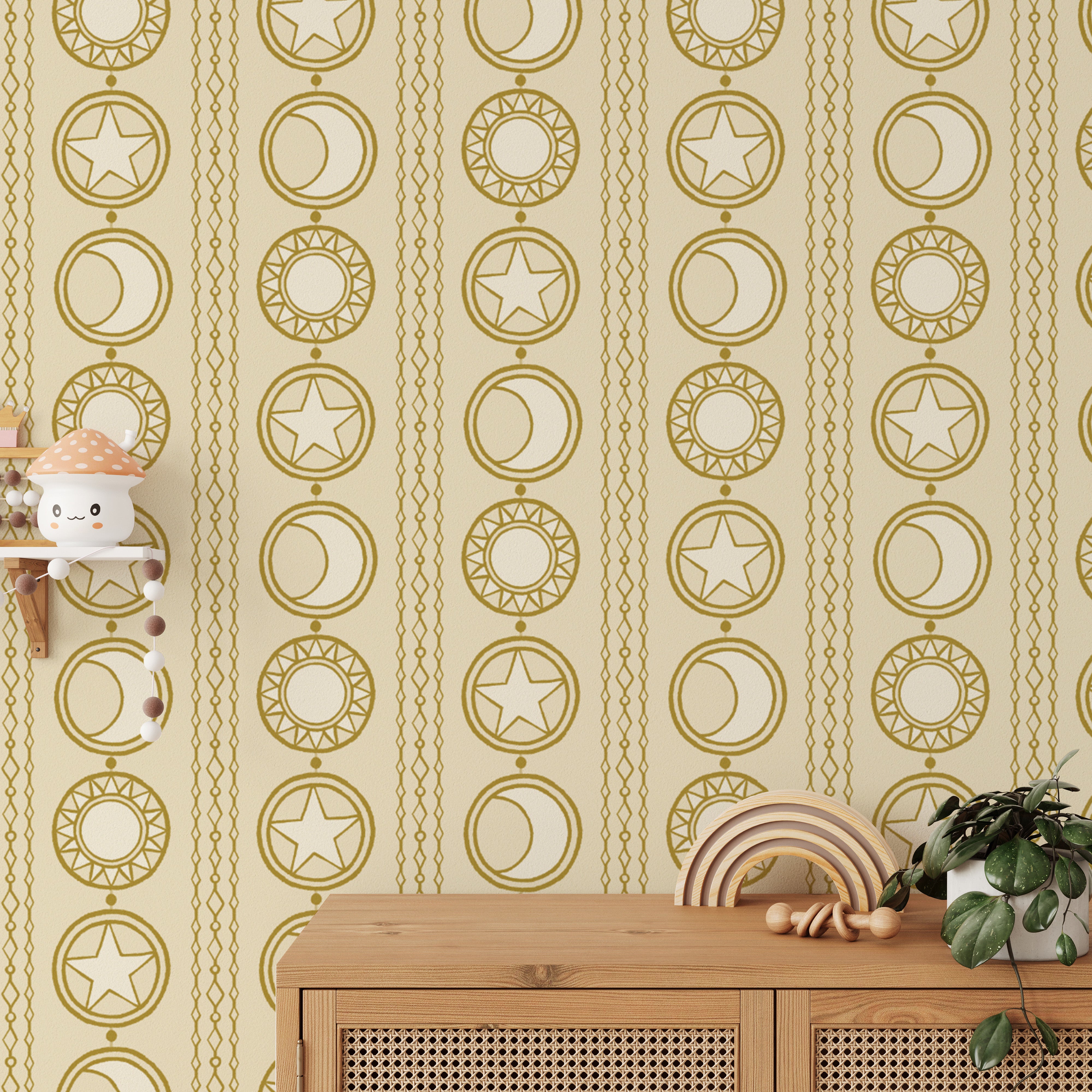 Artistic celestial medallions wallpaper for a modern celestial vibe.
