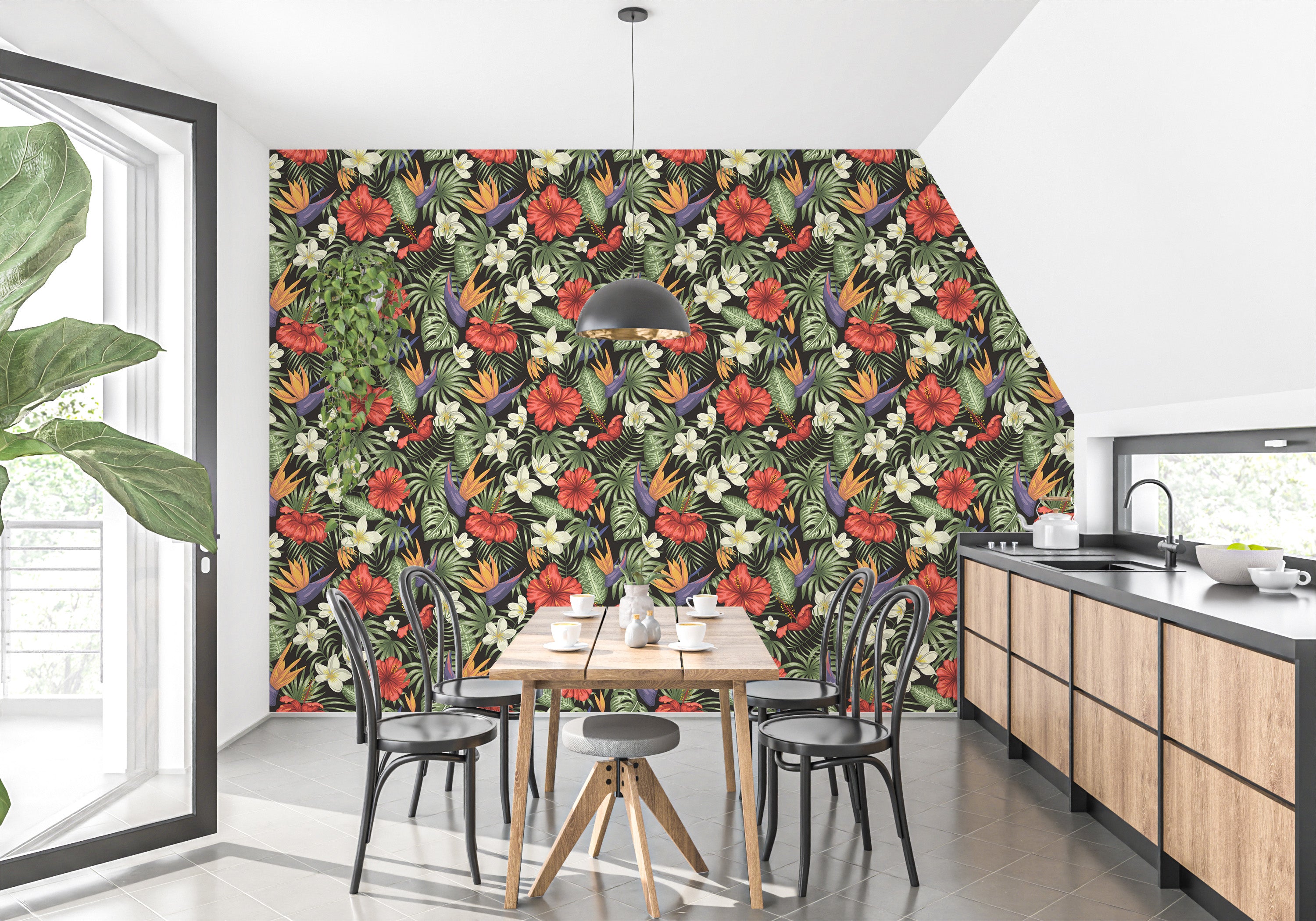 Colorful foliage wallpaper with exotic flowers
