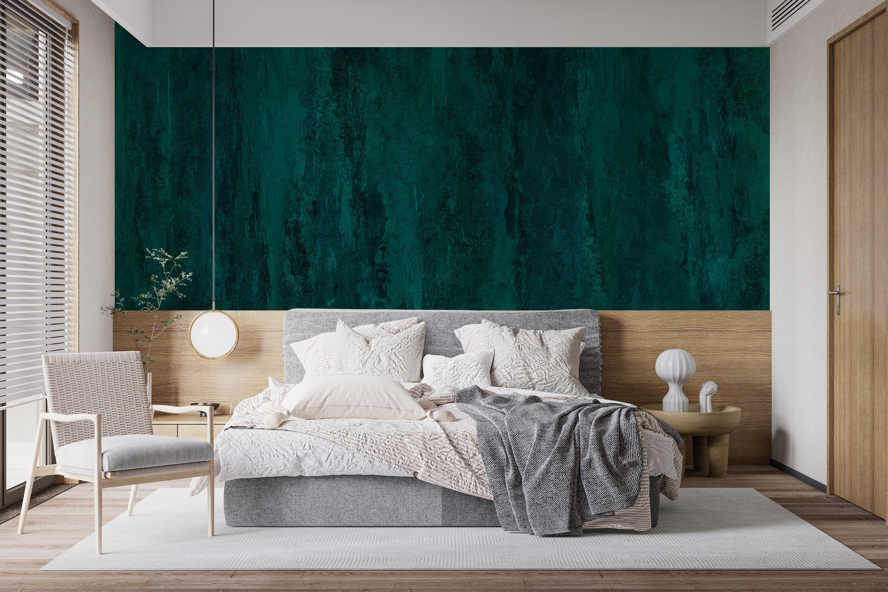 Bedroom walls shine with rich teal grunge wallpaper