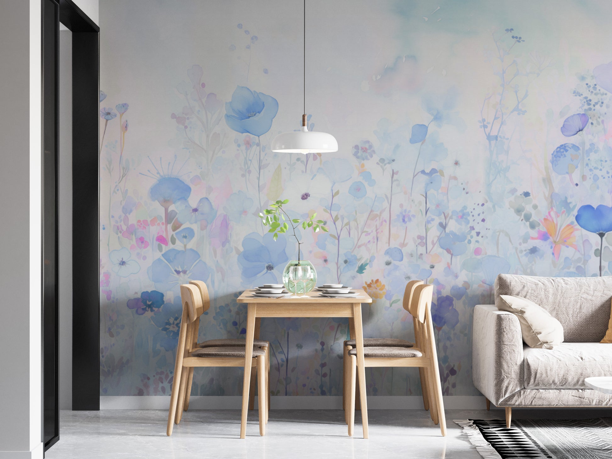 Transform your space with vibrant watercolor happy flowers blue wallpaper.
