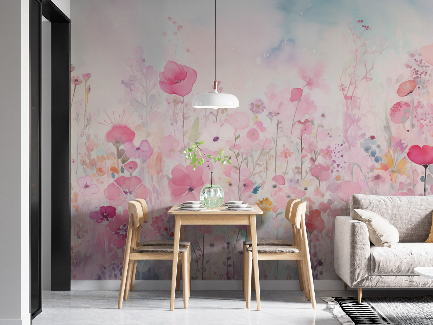 Transform your space with bright watercolor happy flowers pink wallpaper.
