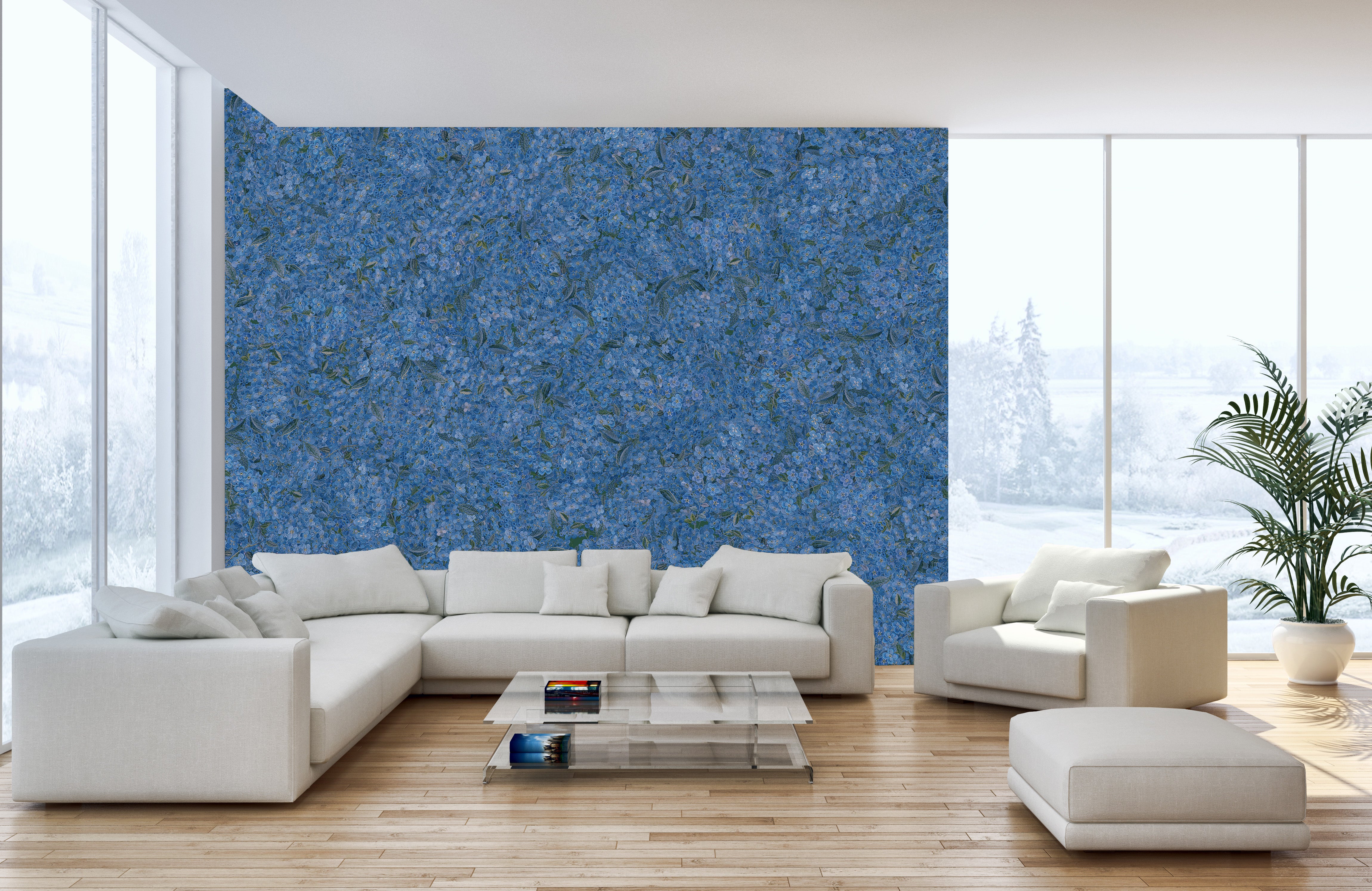 Embroidered flower pattern wall murals blue
