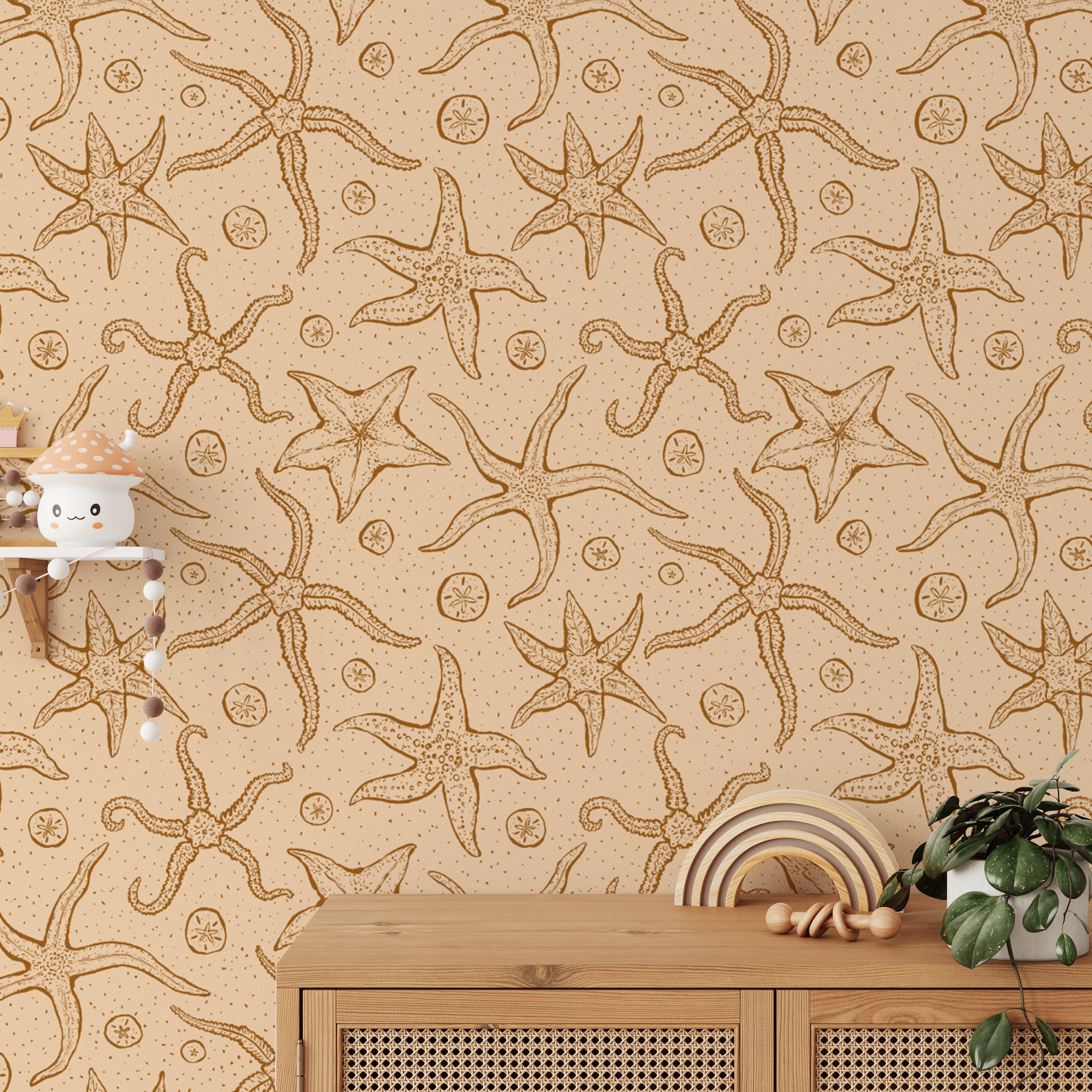 Nature-inspired warm brown echinoderms mural for serene spaces.
