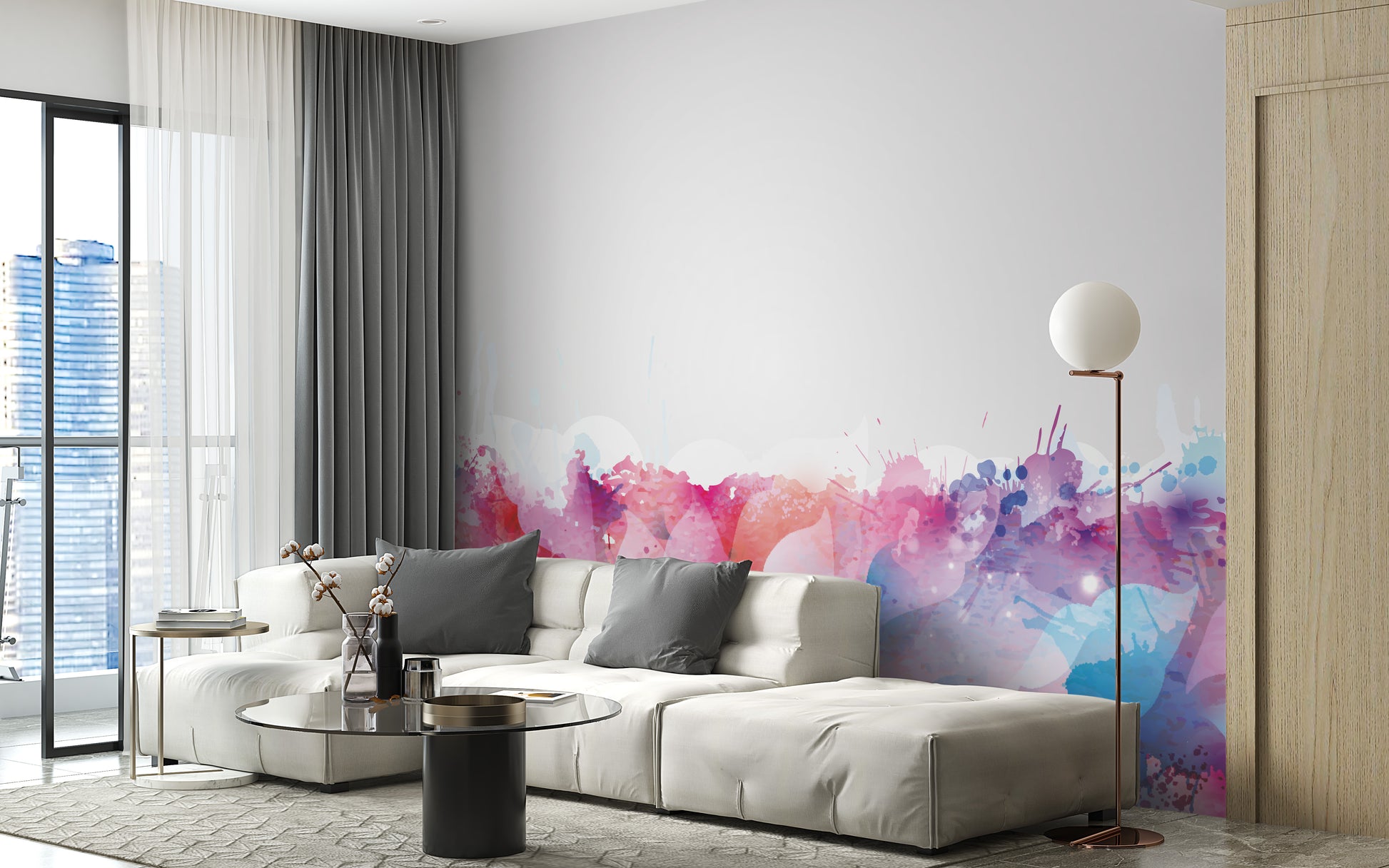 Colorful leaf wallpaper mural in flowing watercolor style.
