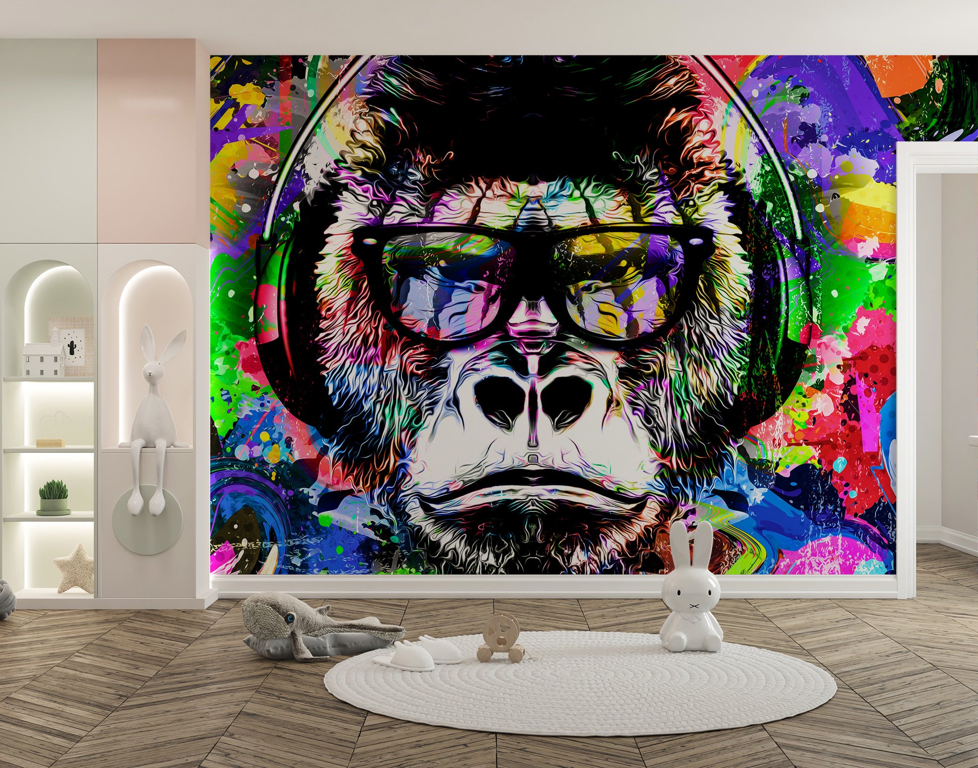 Eye-catching monkey graffiti wallpaper mural for trendy spaces.