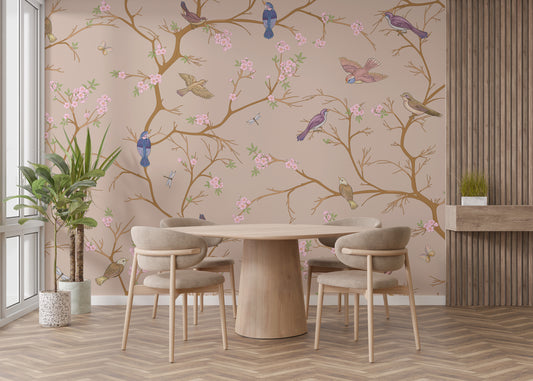 Beige Chinoiserie Wallpaper creates an elegant dining space