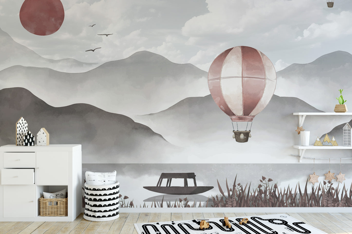 Serene misty peaks mural with a vibrant hot air balloon