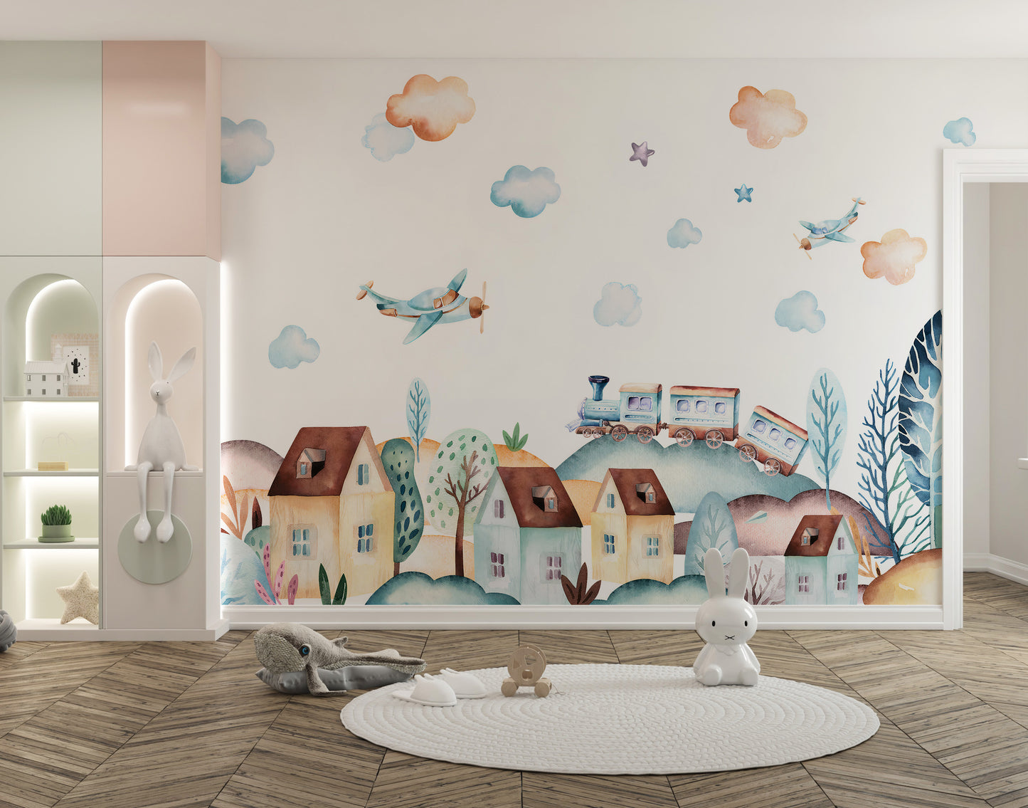 Watercolor Fun Village kids room Wallpaper Murals