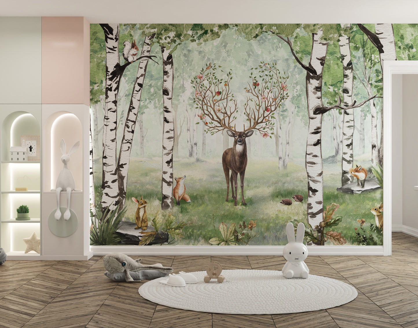 Enchanting forest scene featuring animals and birch trees.