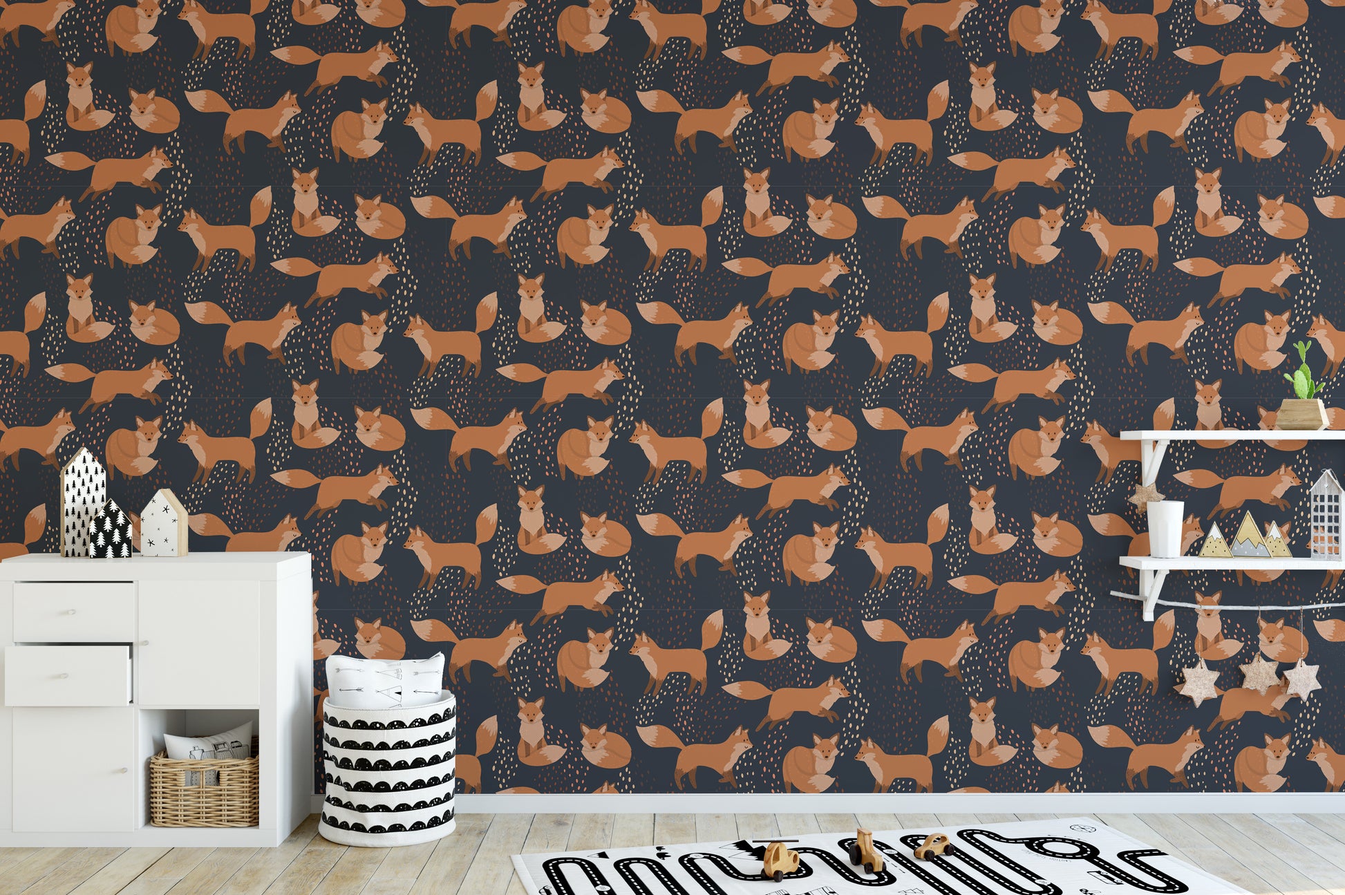 Vibrant fox pattern wallpaper for kids
