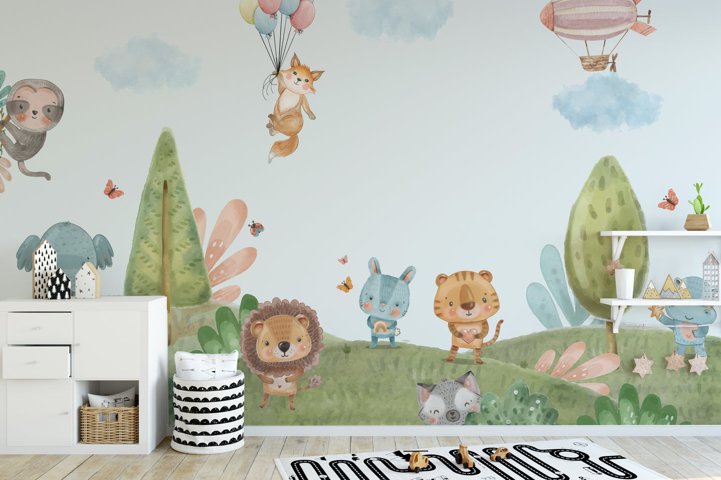 Jungle critters mural wallpaper bringing walls to life.
