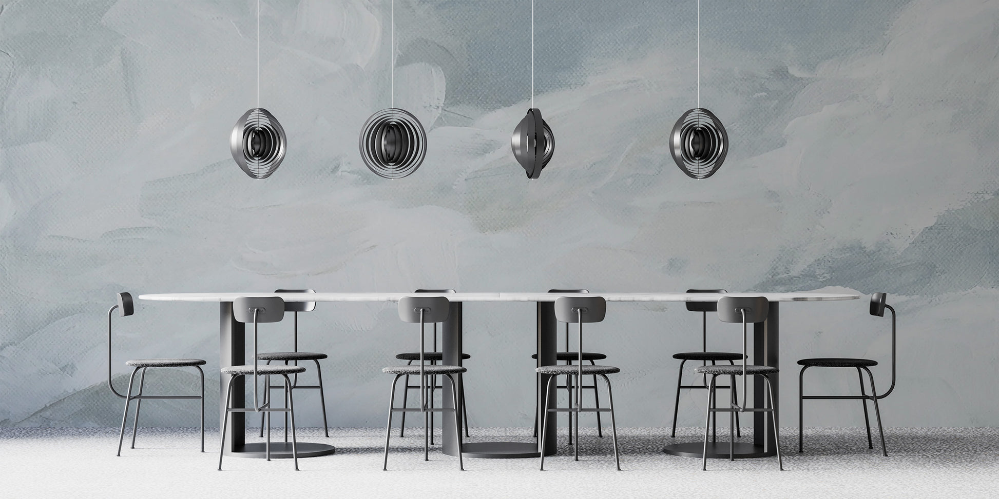 Watercolor cloud mural brings calm to dining room walls