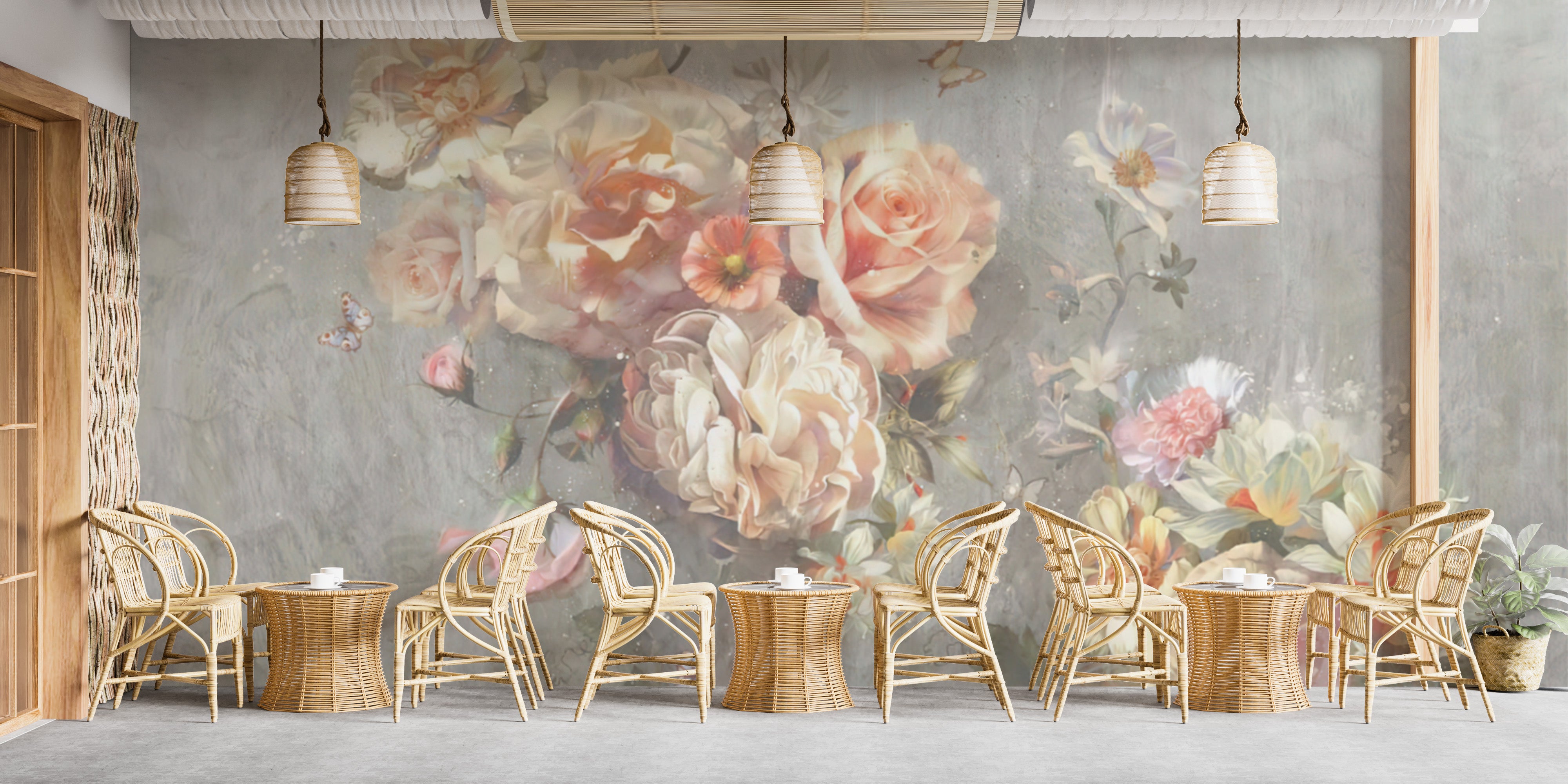 "Soft Pastel Blooms and Butterflies Wall Mural"