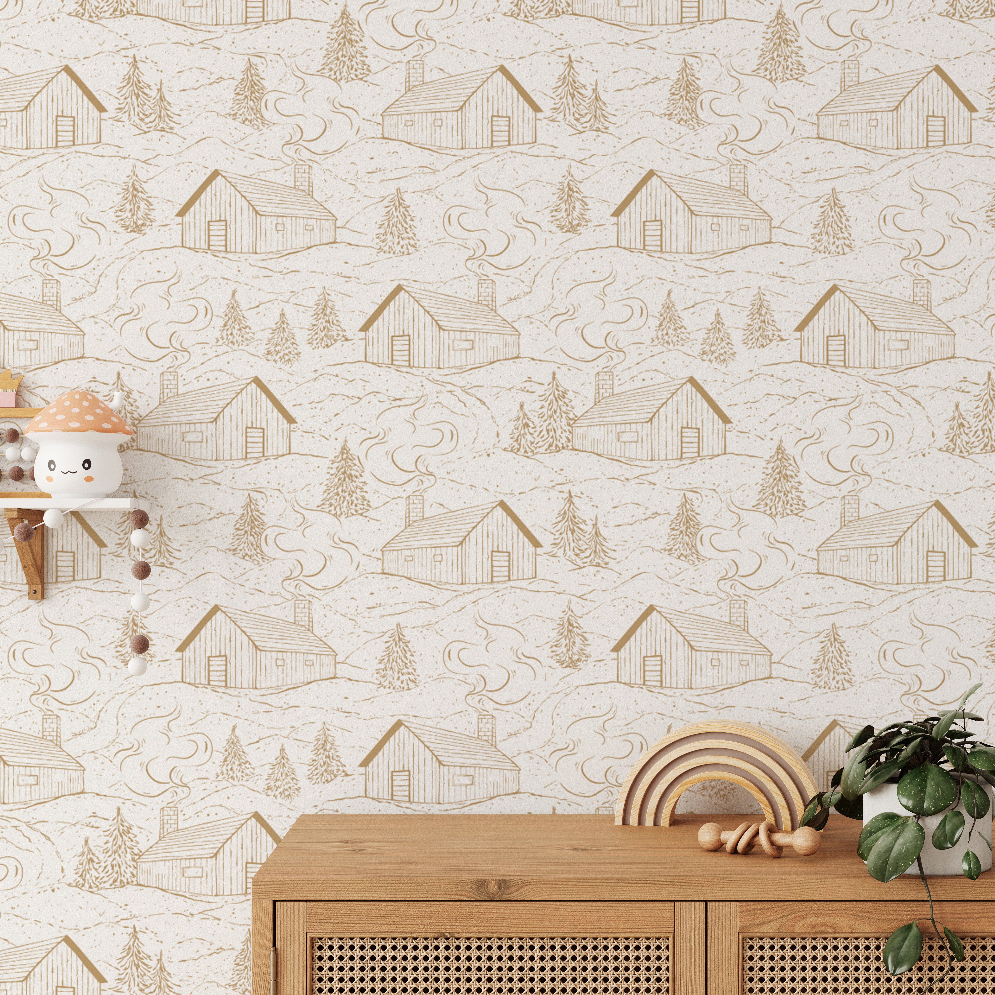 Artistic smokey cabins wallpaper in tan for unique wall accents.
