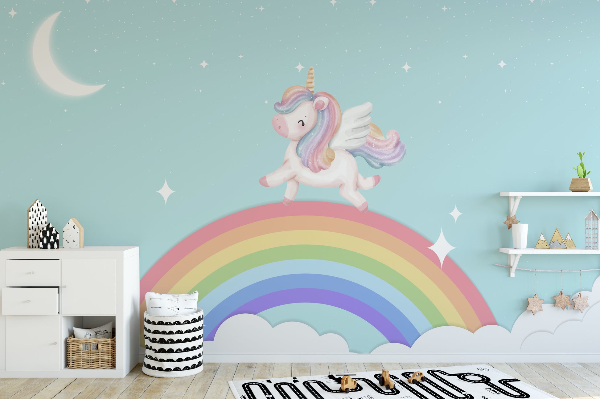 Starlit unicorn wallpaper mural for a dreamy, playful space.
