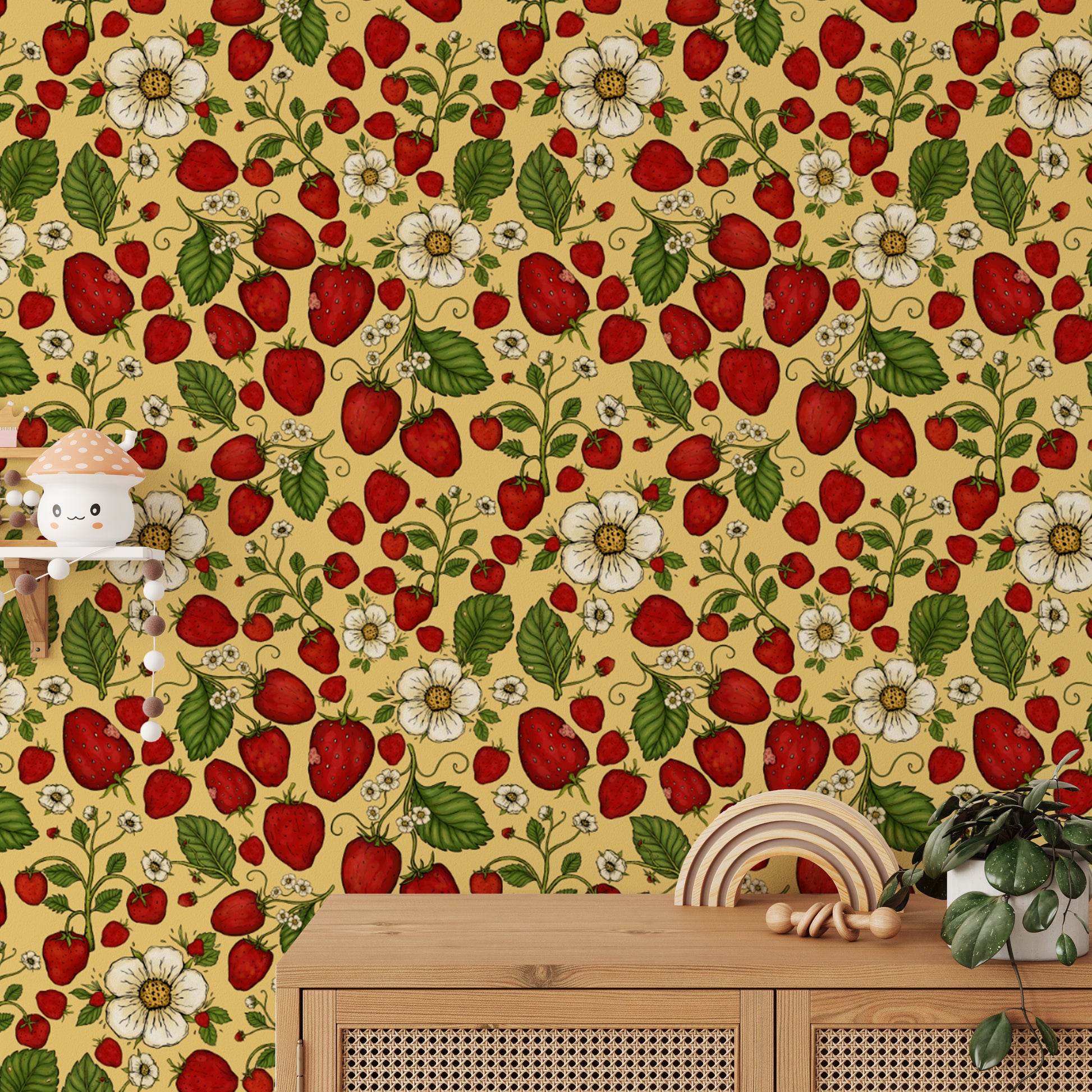 Summer-inspired strawberry wallpaper with vibrant yellow hues.
