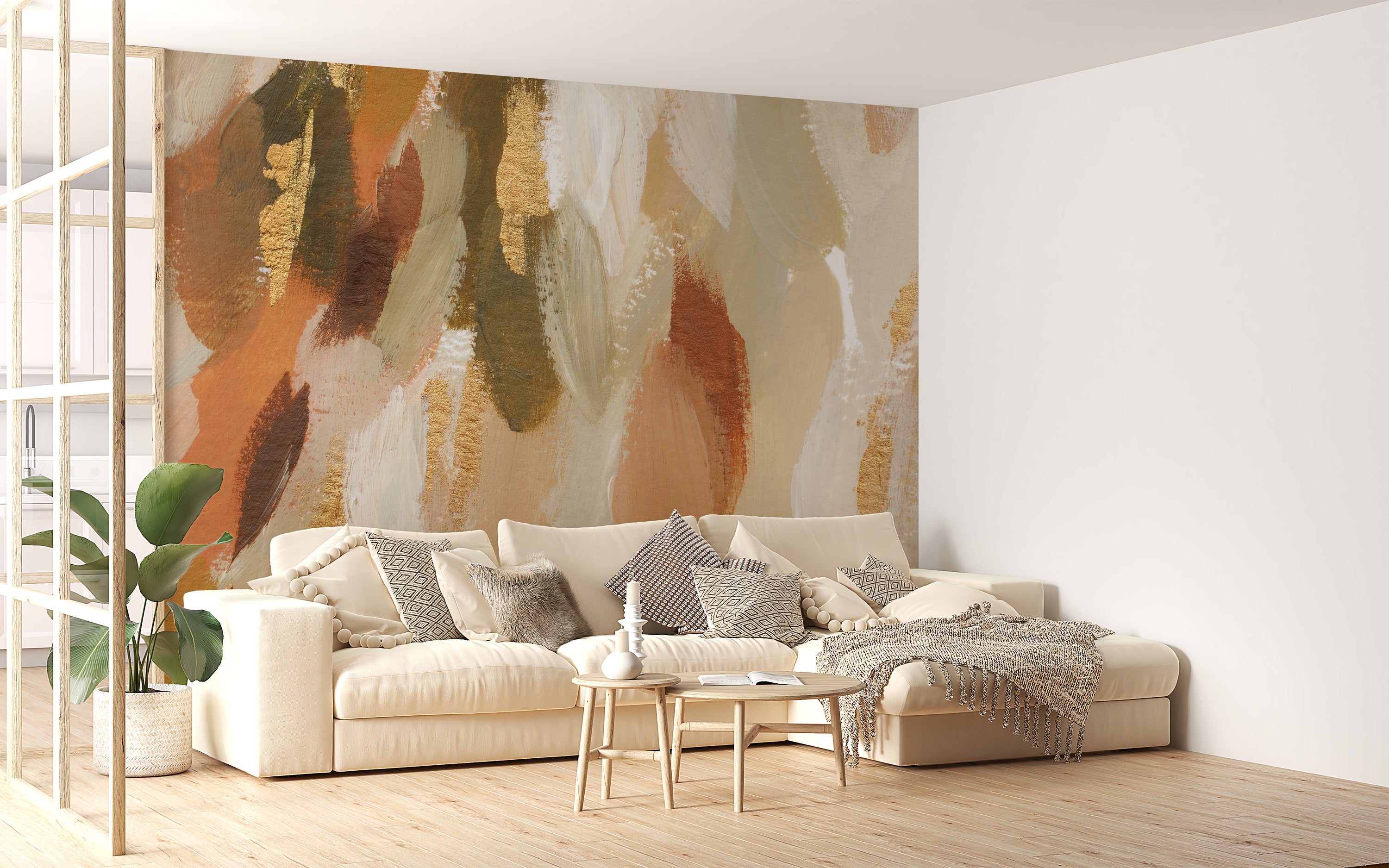 Artistic brushstroke mural with gold accents