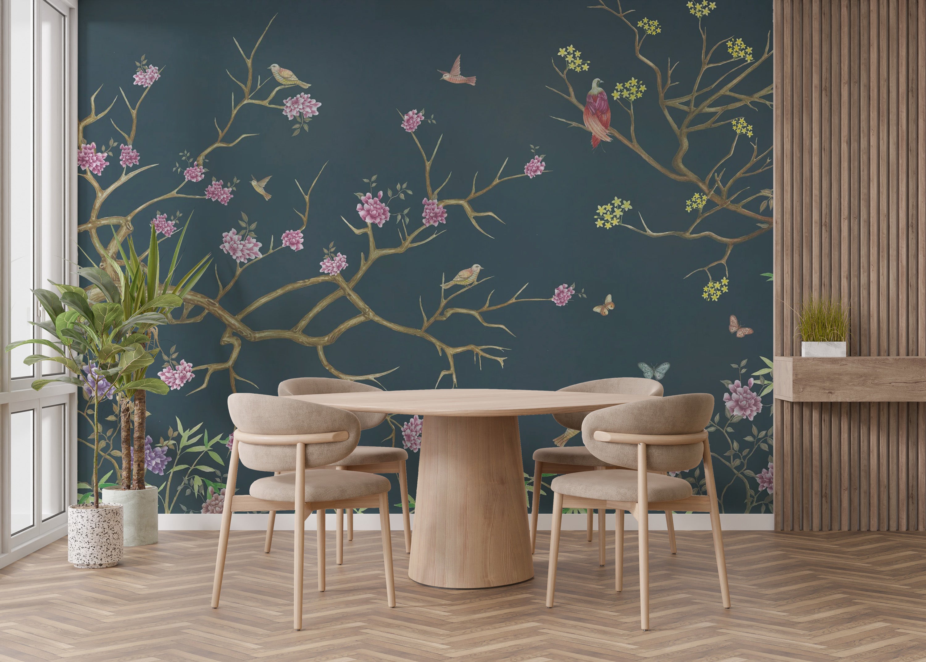 Sophisticated floral chinoiserie wallpaper for interiors