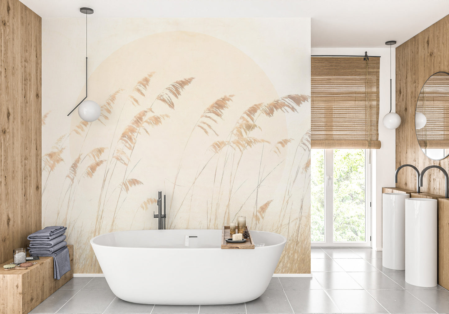 Serene beige reed wallpaper for calming spaces