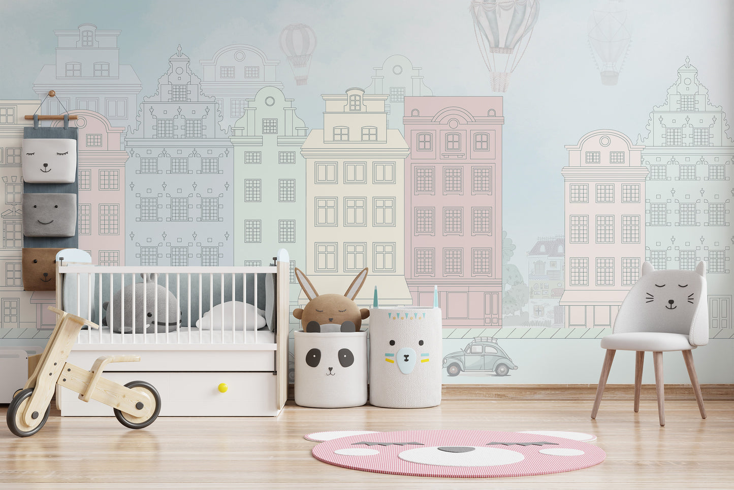 City-themed mural with vintage charm for kids
