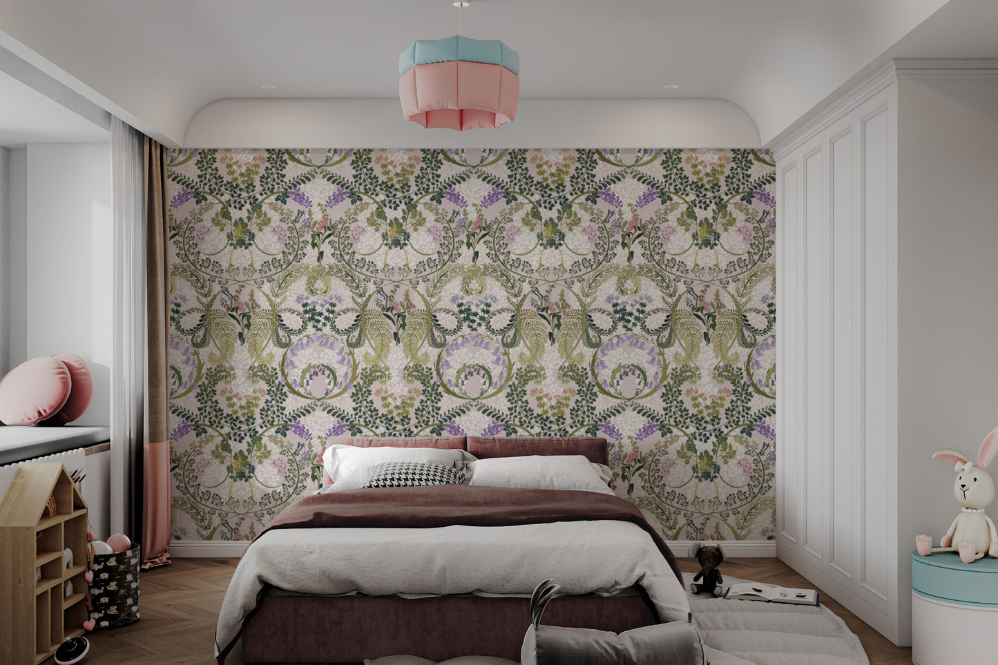 Whimsical woodland patterns in Enchanted Forest Fauna wallpaper.