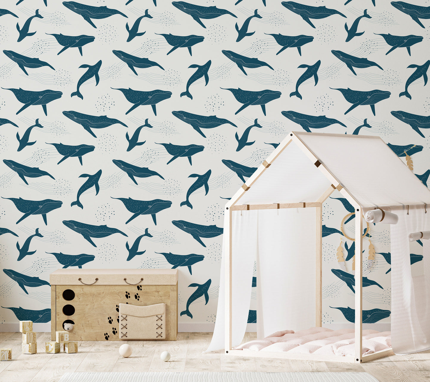 Monochrome blue whale wallpaper pattern