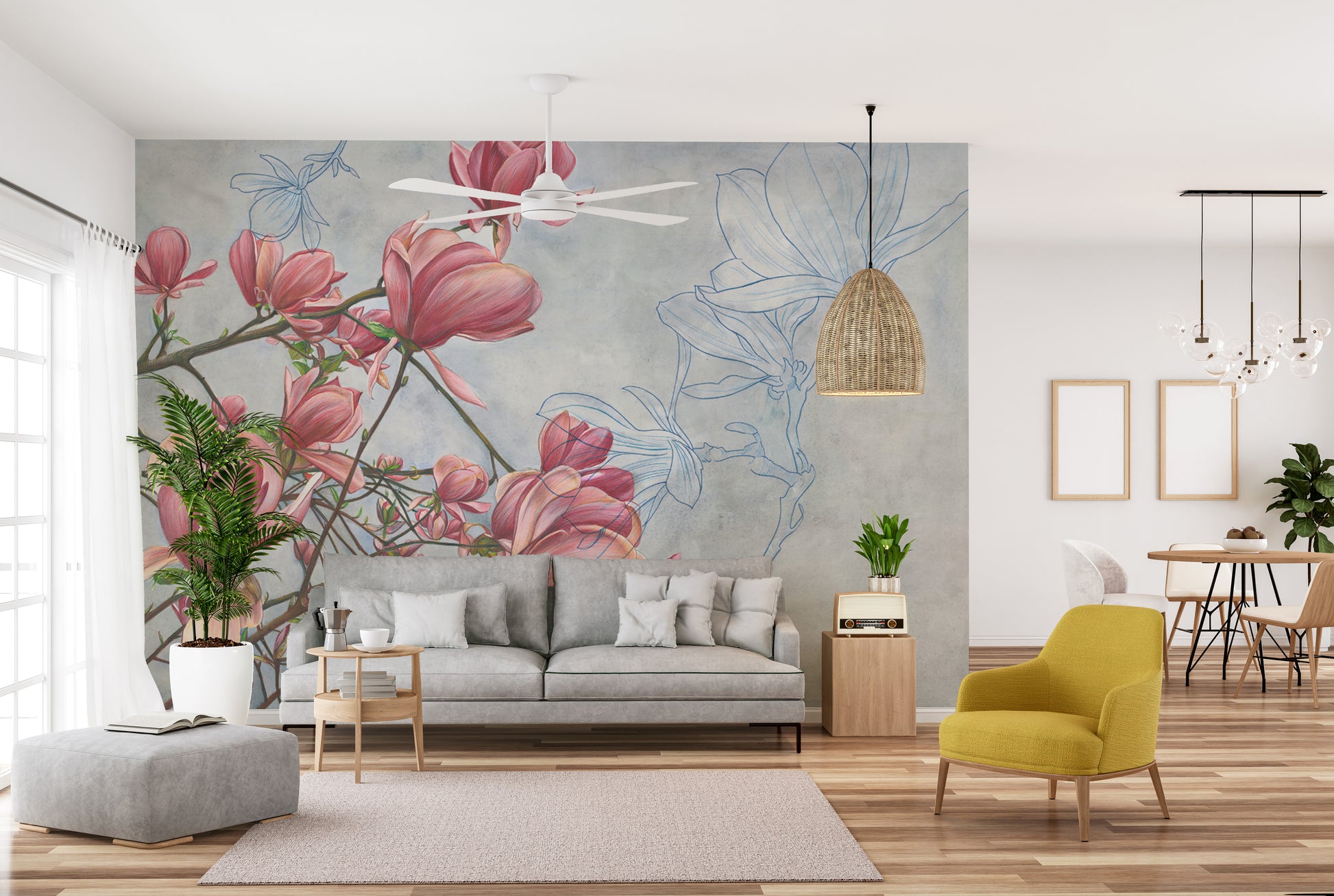 Blossoming magnolia wallpaper perfect for modern wall decor.
