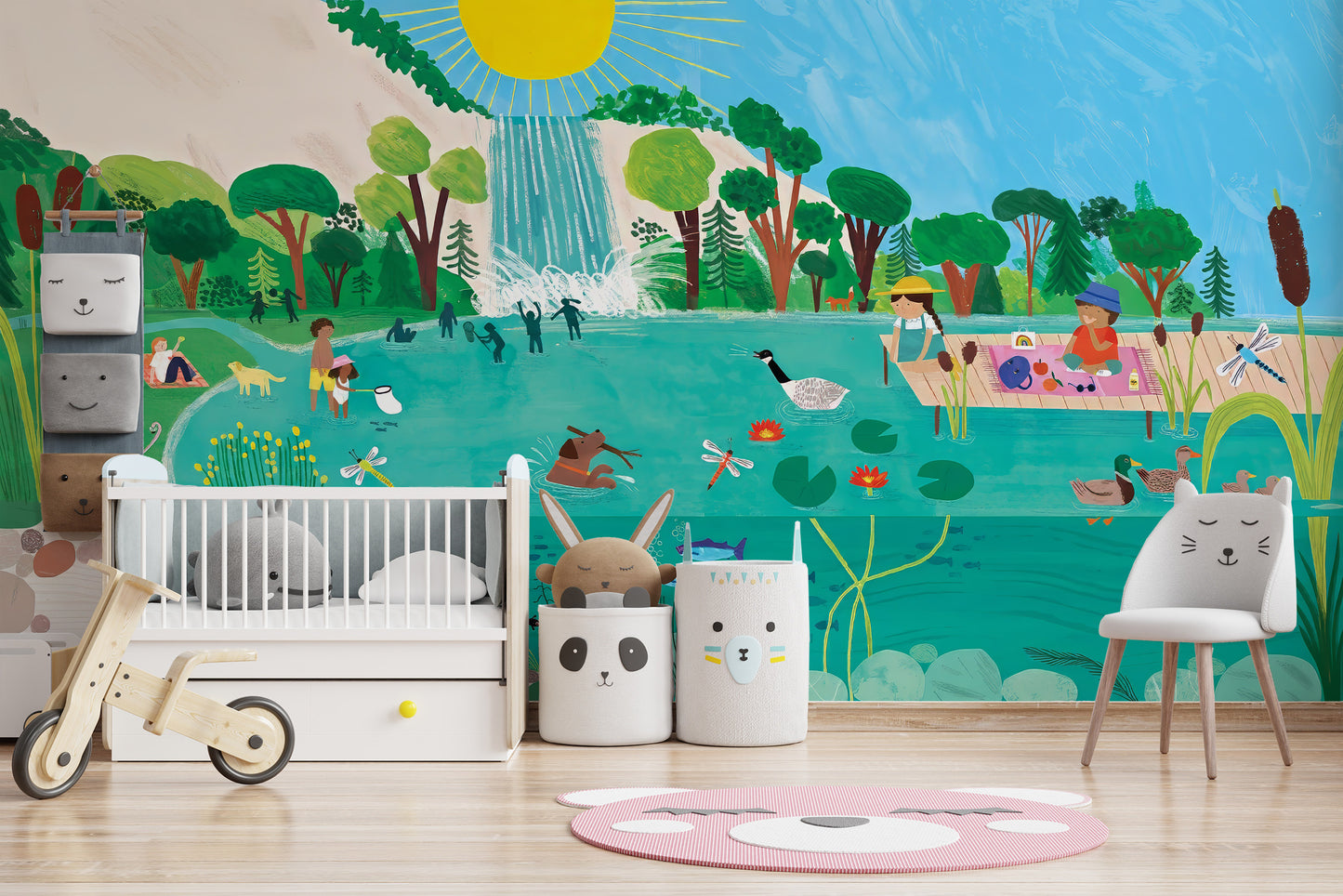 Kids play area wallpaper with a lakeside design