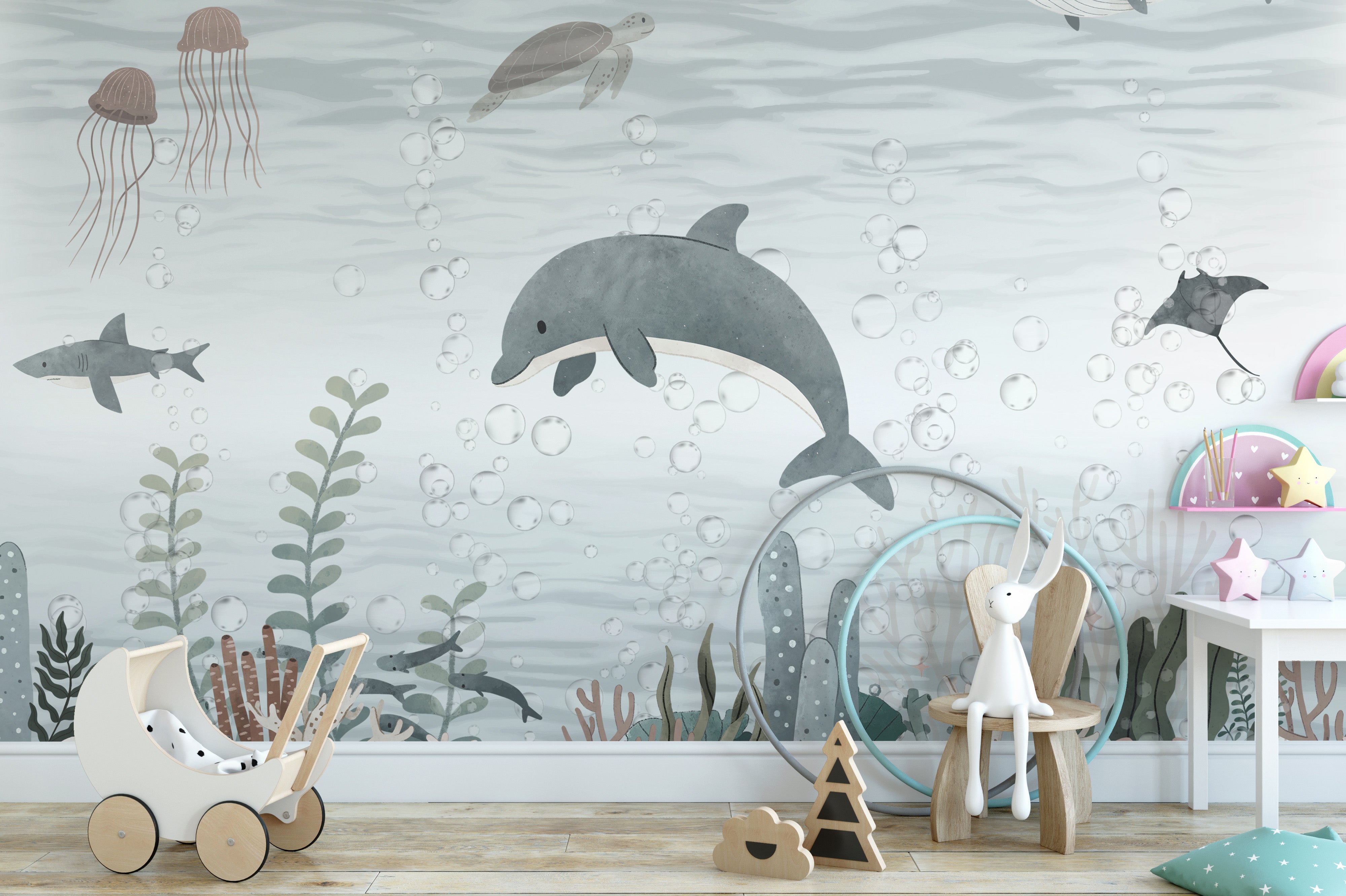 Coastal charm in Serene Ocean Life Wallpaper Mural