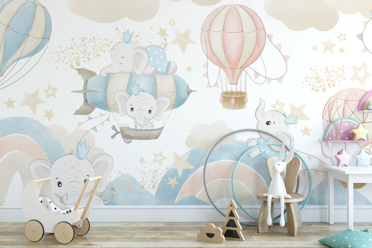 Baby Elephant Sky Adventure Mural for creative spaces